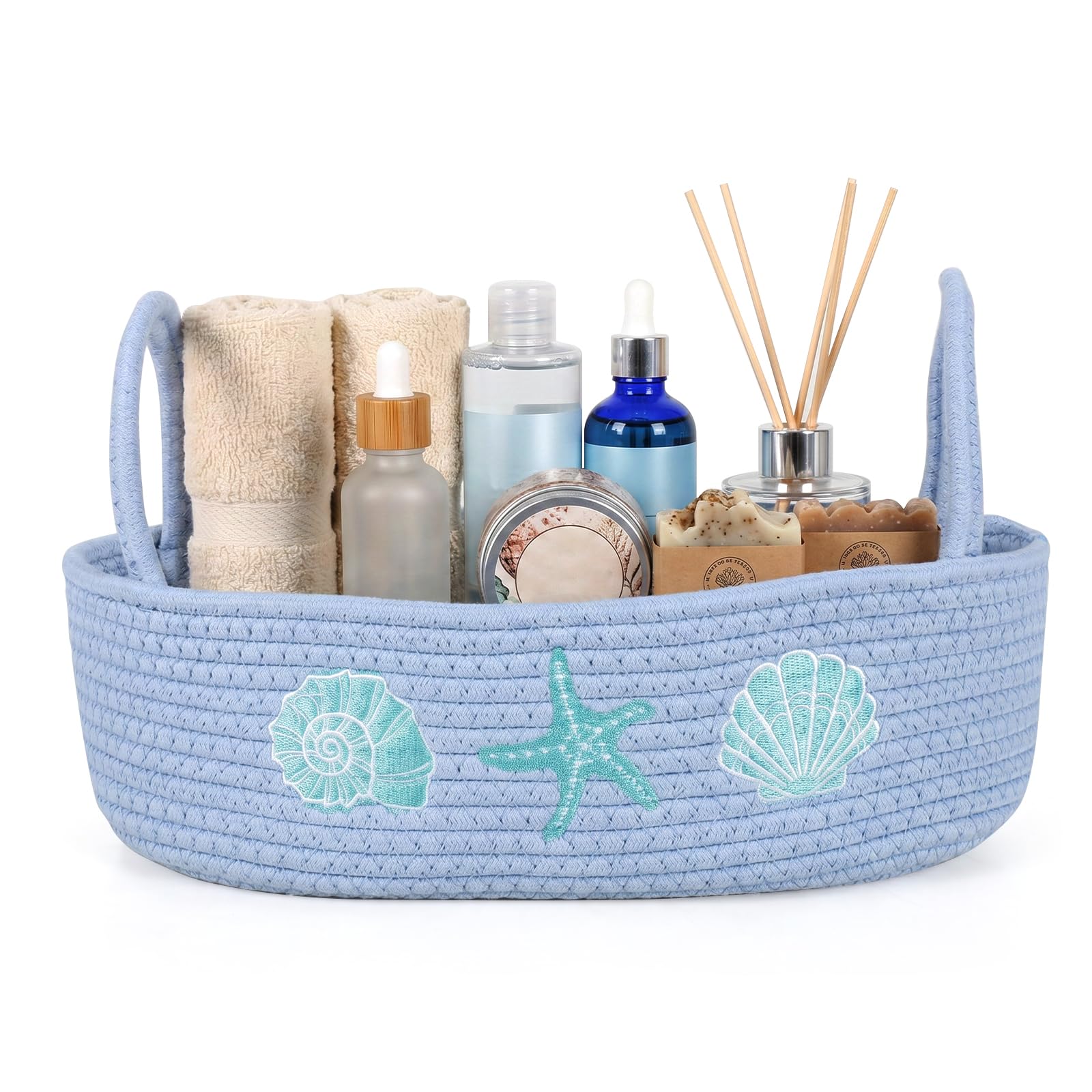 Cotton Rope Storage Baskets with Handle 33x15x10cm Multifunctional Decorative Woven Basket for Bathroom Bedroom Living Room, Shelf Organiser Bin for Make up Cupboard Drawer Desktop Closet(Blue)