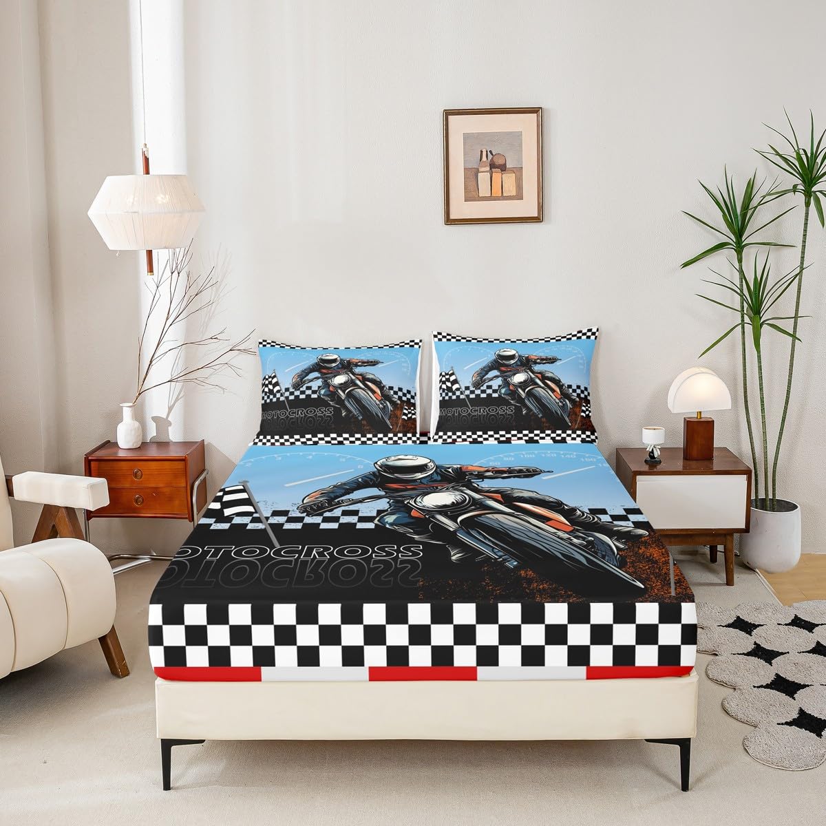 Motocross Fitted Sheet Queen Size Motorcycle Extreme Sports Bedding Set for Kids Boys Teens Cool Dirt Bike Bed Sheet Set Geometric Checkered Flag Bed Cover Room Decor,No Top Sheet