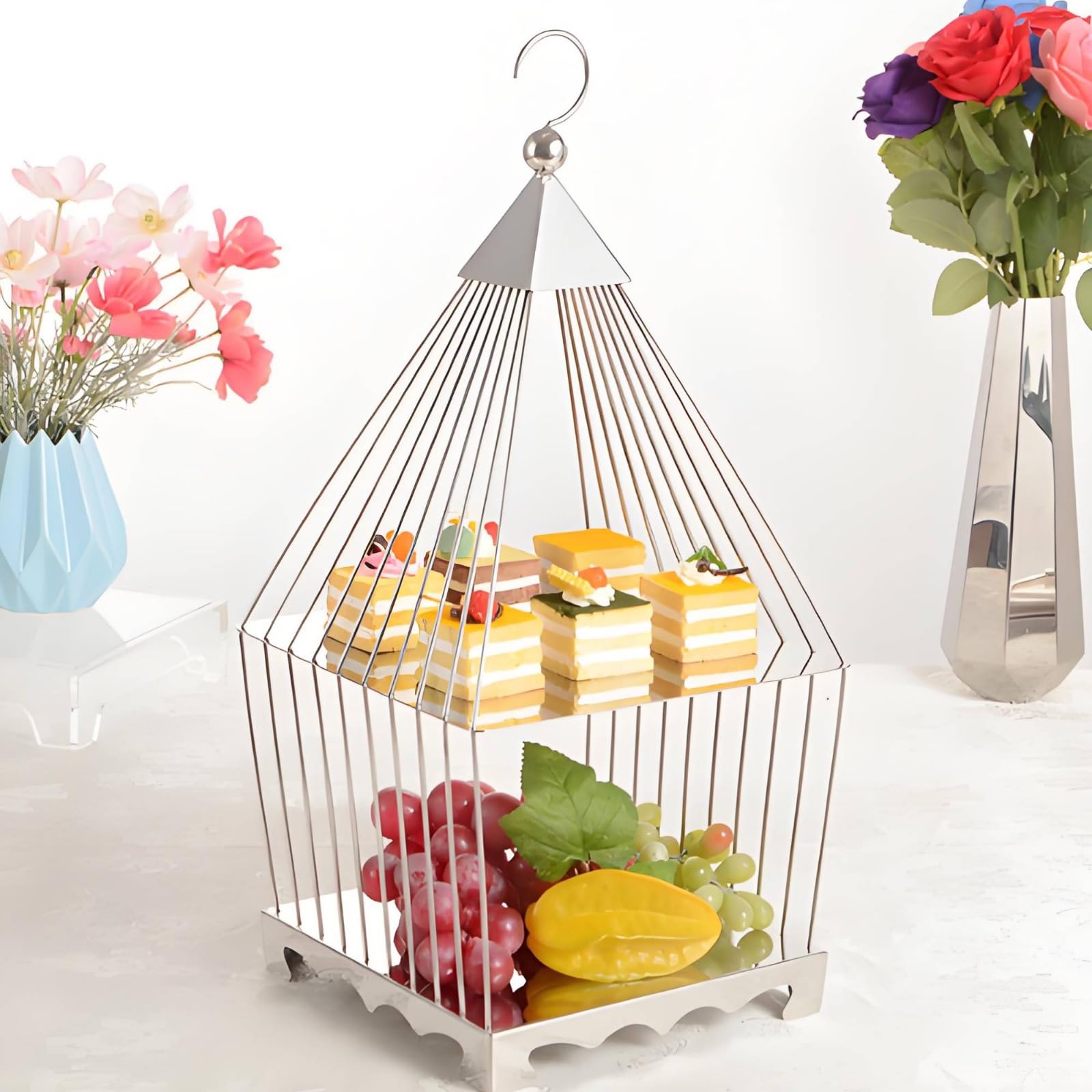 Amagogo Alzata per Dolci Alzatina Vassoio Espositore Supporto Torte con Base Quadrata Struttura Aperta Che Valorizza Pasticcini , Gabbia Per Uccelli A Diamante A Strato Singolo