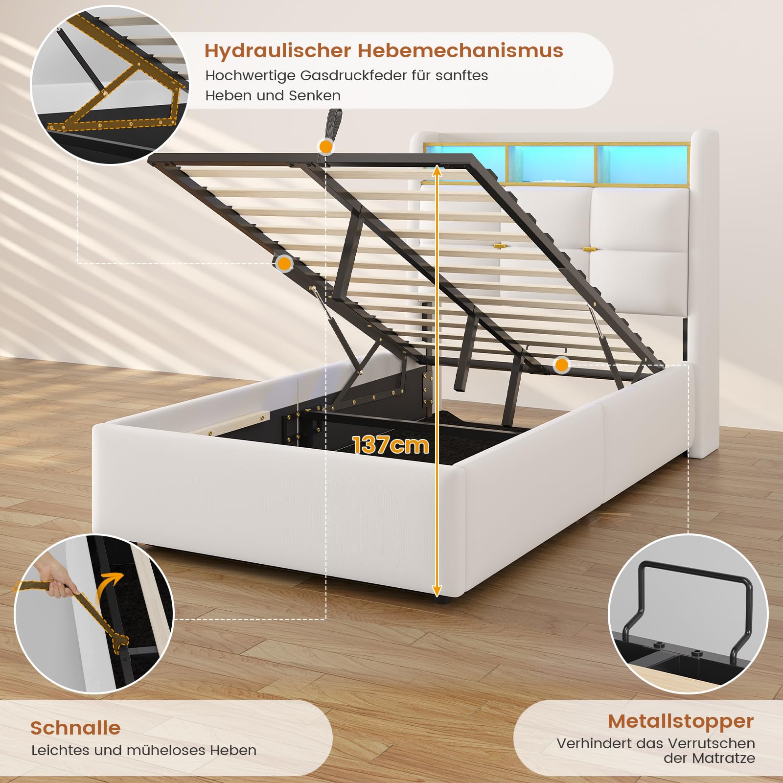 DICTAC Letto per ragazzi 90 x 200 cm, con illuminazione a LED e ciabatta, 90 x 200 cm, con vano testiera, telaio in lino, per adulti, 90 x 200 cm, con rete a doghe, porte USB e vano testiera, colore
