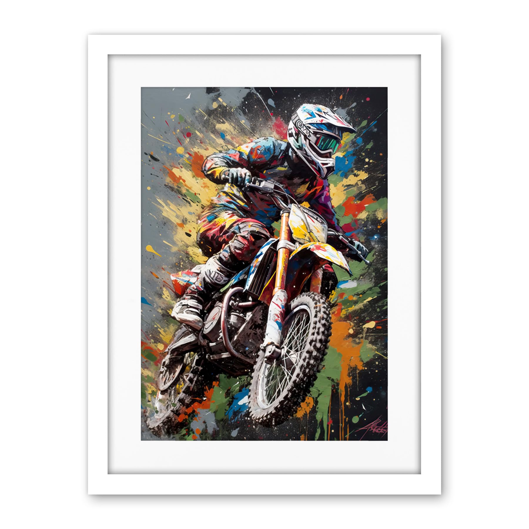 Artery8 Dirt Bike Sport Splatter Paint Motocross Rider Artwork Framed Wall Art Print 18X24 Inch