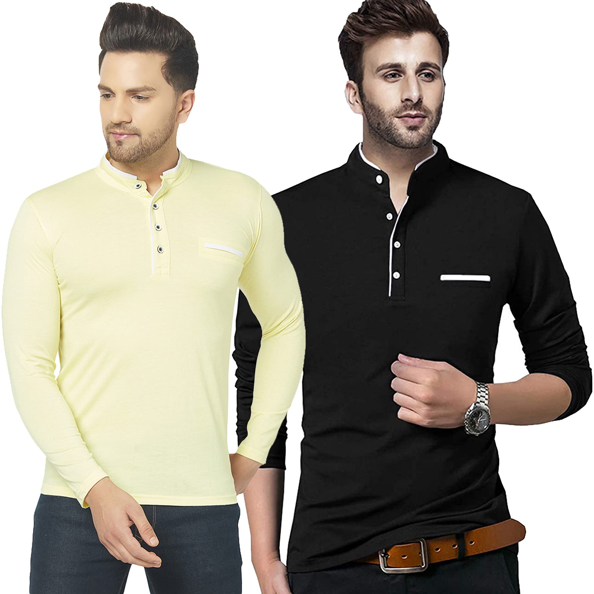 JaskartMen's Henley T-Shirt (Lemon, Black_S) Pack of 2