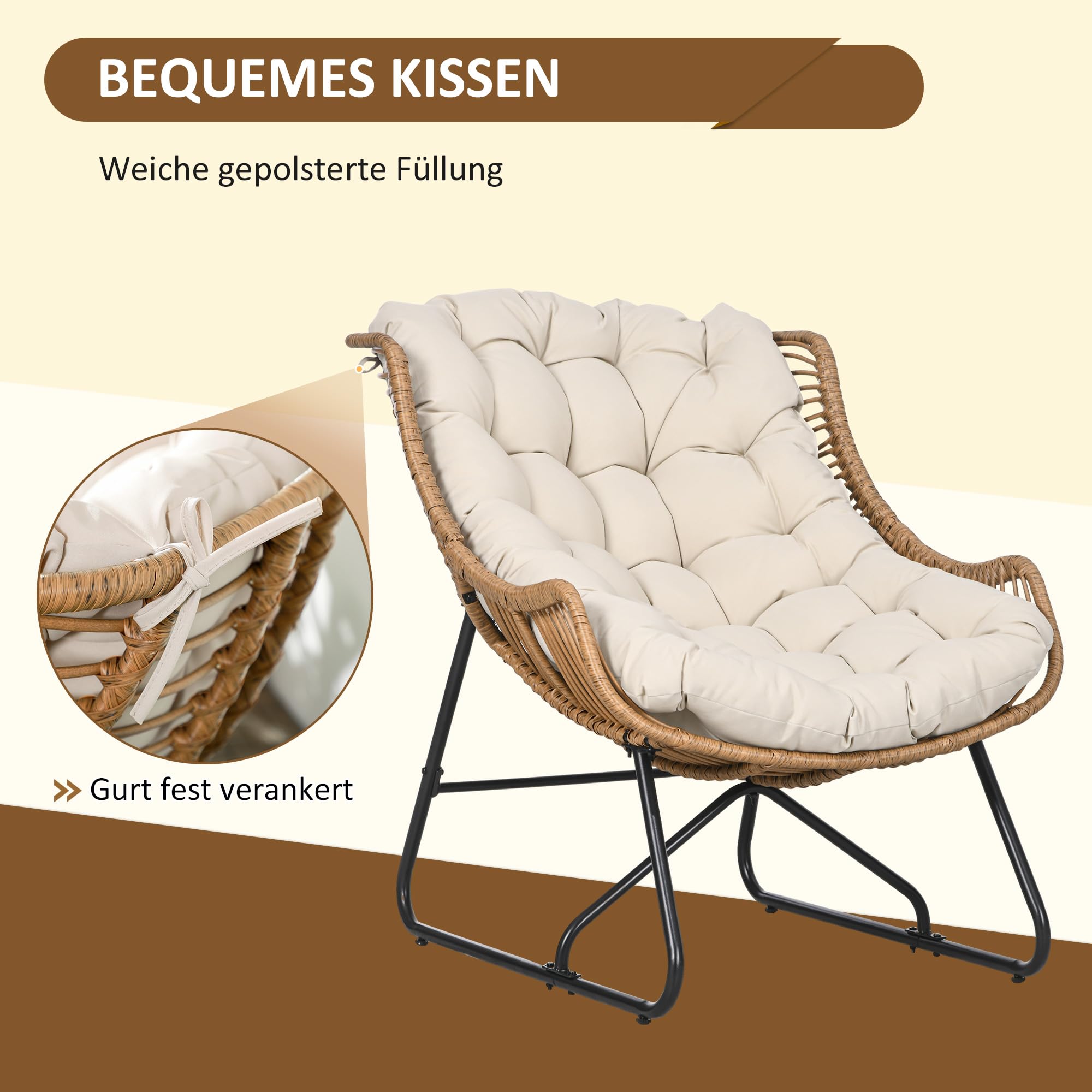 Outsunny Rattansessel mit Dicke Kissen Bänder Stahlrahmen, gepolsterter Outdoor Sessel aus Polyrattan, Korbsessel bis 120kg, Gartensessel Gartenstühle für Garten Balkon Veranda Terrasse Khaki