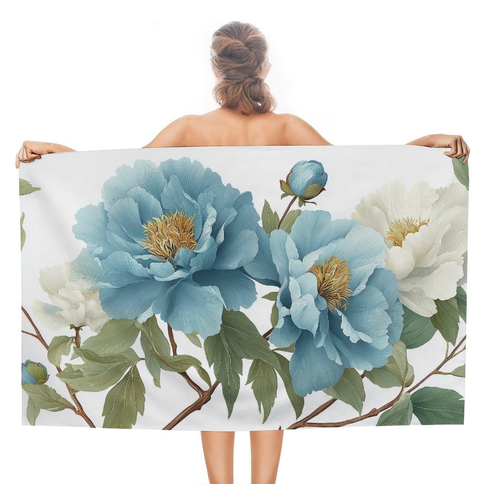 asbwuo Blue White Peonies Branches Light Green Leaves Beach Towel