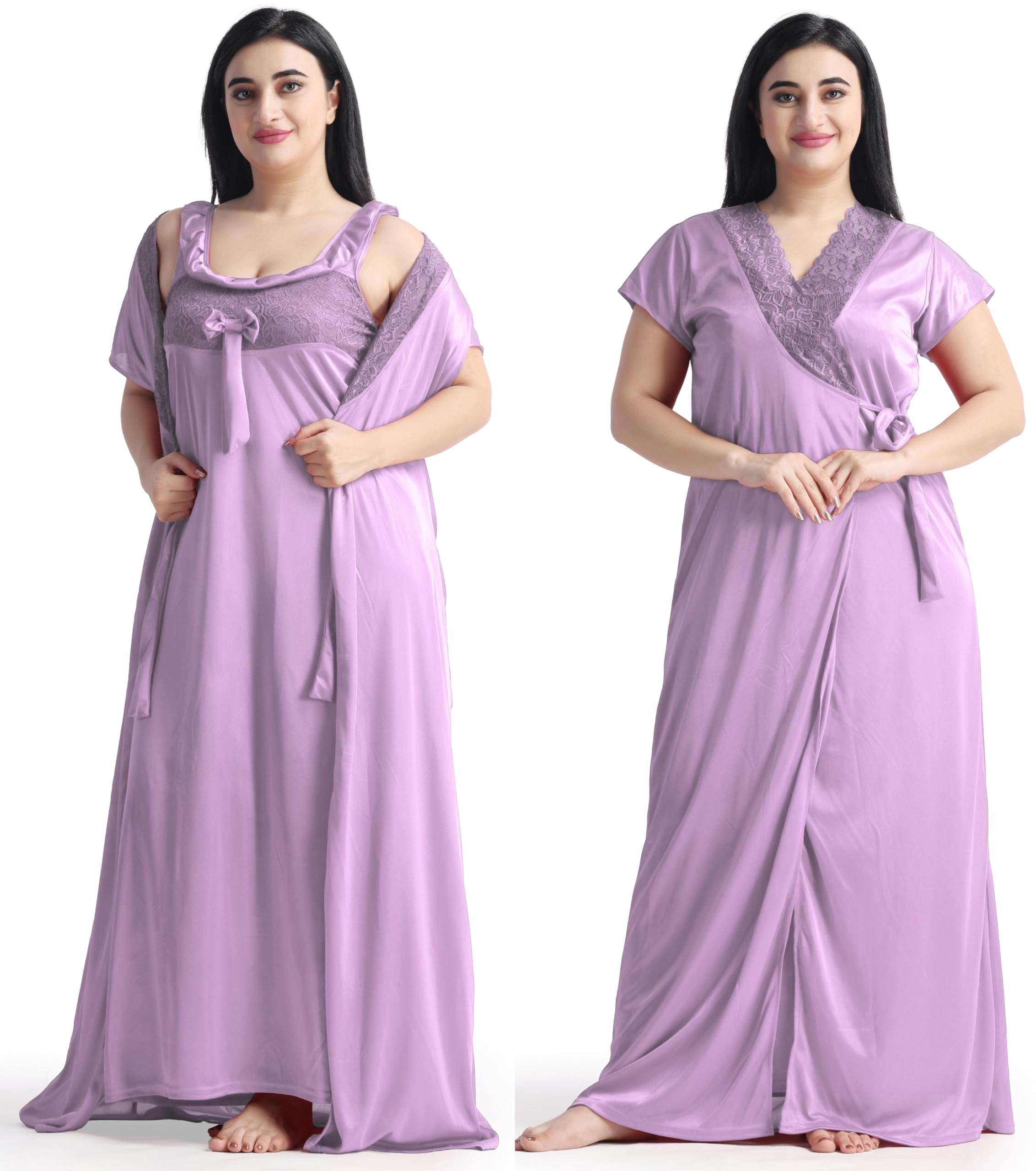Swati Fashion Women's Long Satin Nightgown, Lavender, Lace Trim V-Neck, Floor Length-picture-40
