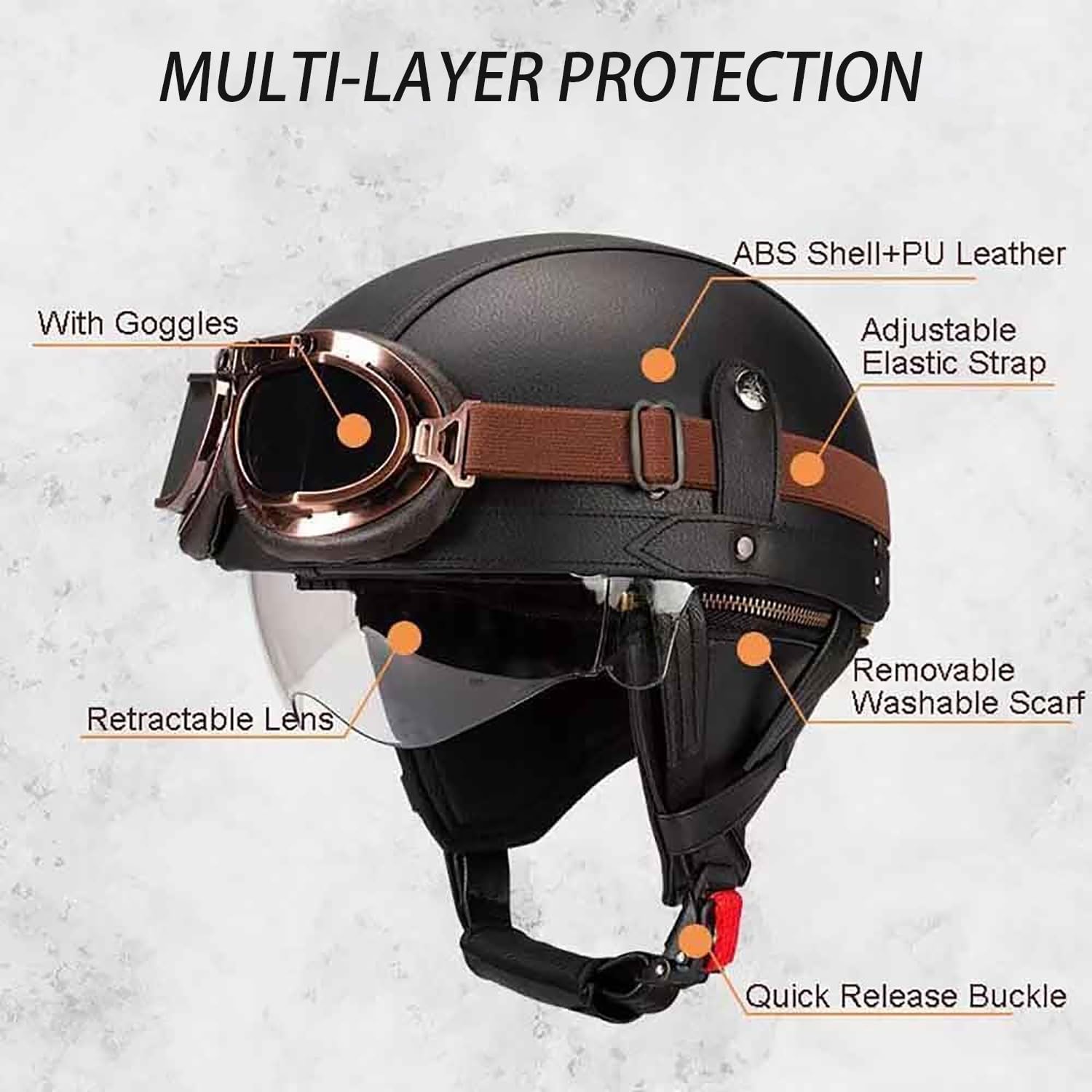 Retro Motorrad Halbhelme Leder Halbhelm, Halbschalenhelm Mit ECE, Deutscher Leder-Motorrad Halbhelm Mit Schutzbrille Visier, Für Moped Fahrrad Cruiser Scooter Chopper L,M (57-58CM)