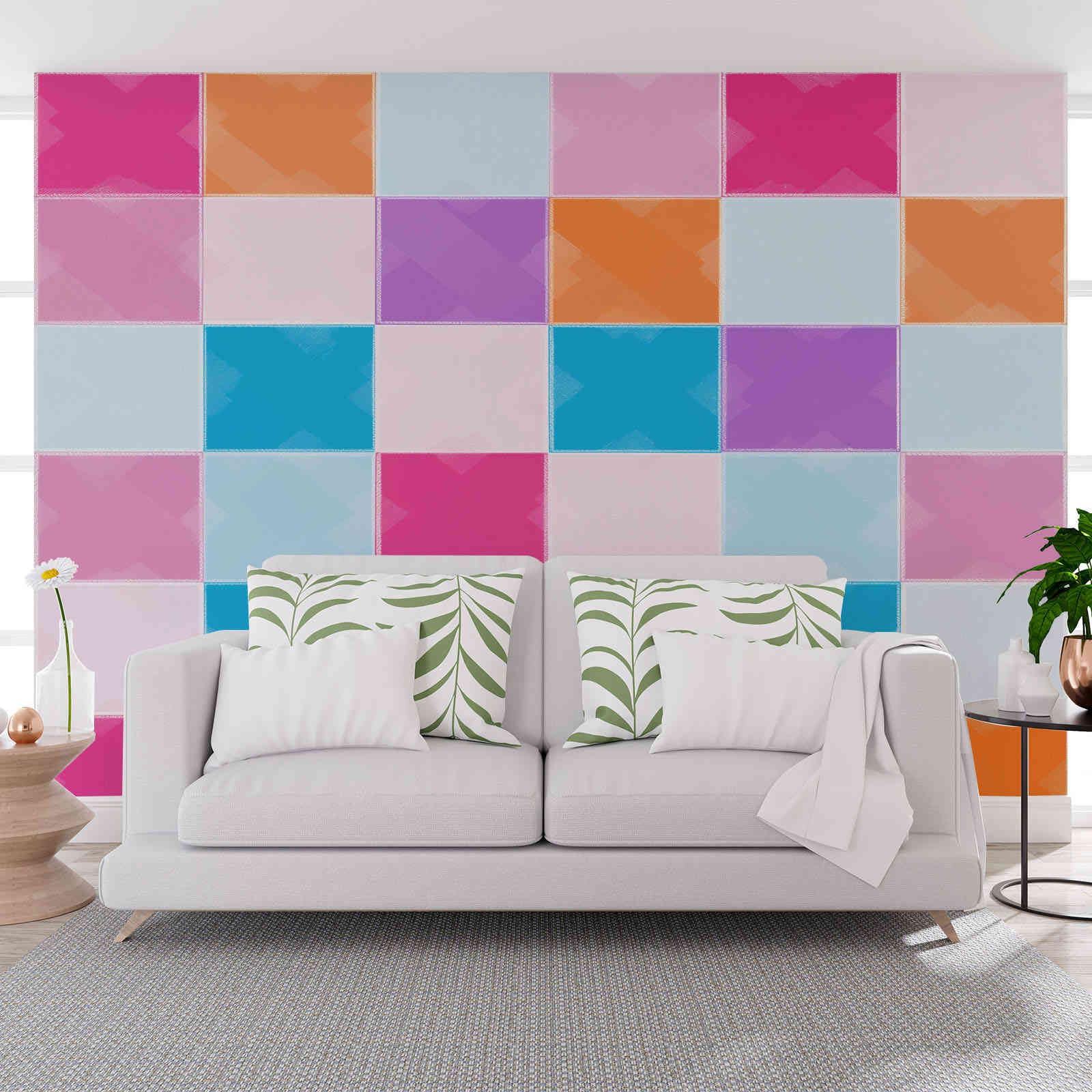 Papier peint panoramique cubes géométriques coloré pour mur TV de salon