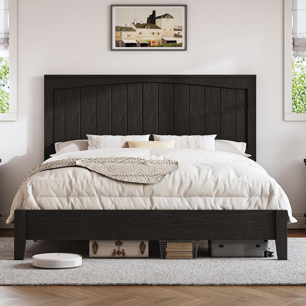 Albott Queen Size Wood Bed Frame with Headboard, fully assembled in a bedroom setting.