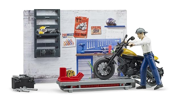 Foto 6 de 8 de bruder 62102 - bworld taller de motos Scrambler Ducati Full Throttle con mecánico,taller, figura de juguete