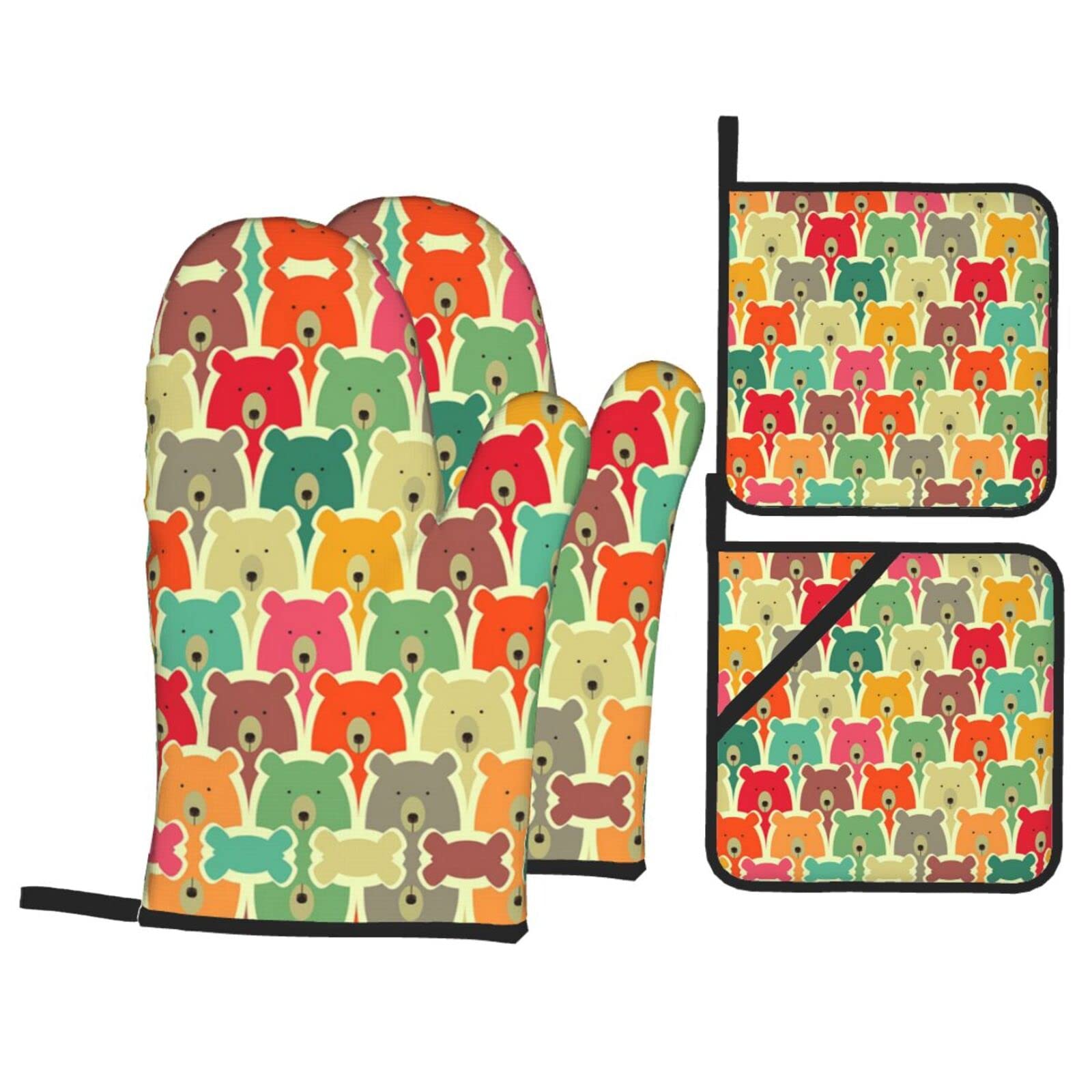 Colorful Bears Oven Mitt and Pot Holder 4-Piece Set for Kitchen, Outdoor Grill, Baking