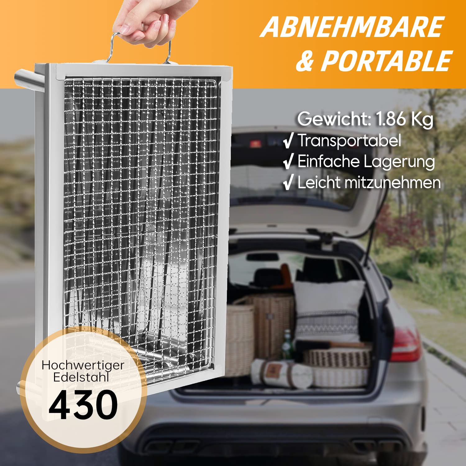 Picknickgrill Edelstahl Holzkohlegrill Kleiner Grill Holzkohle Tragbare Cmapinggrill Abnehmbare BBQ Grills für Outdoor Garten Party, 40 x 28 x 21,5 cm