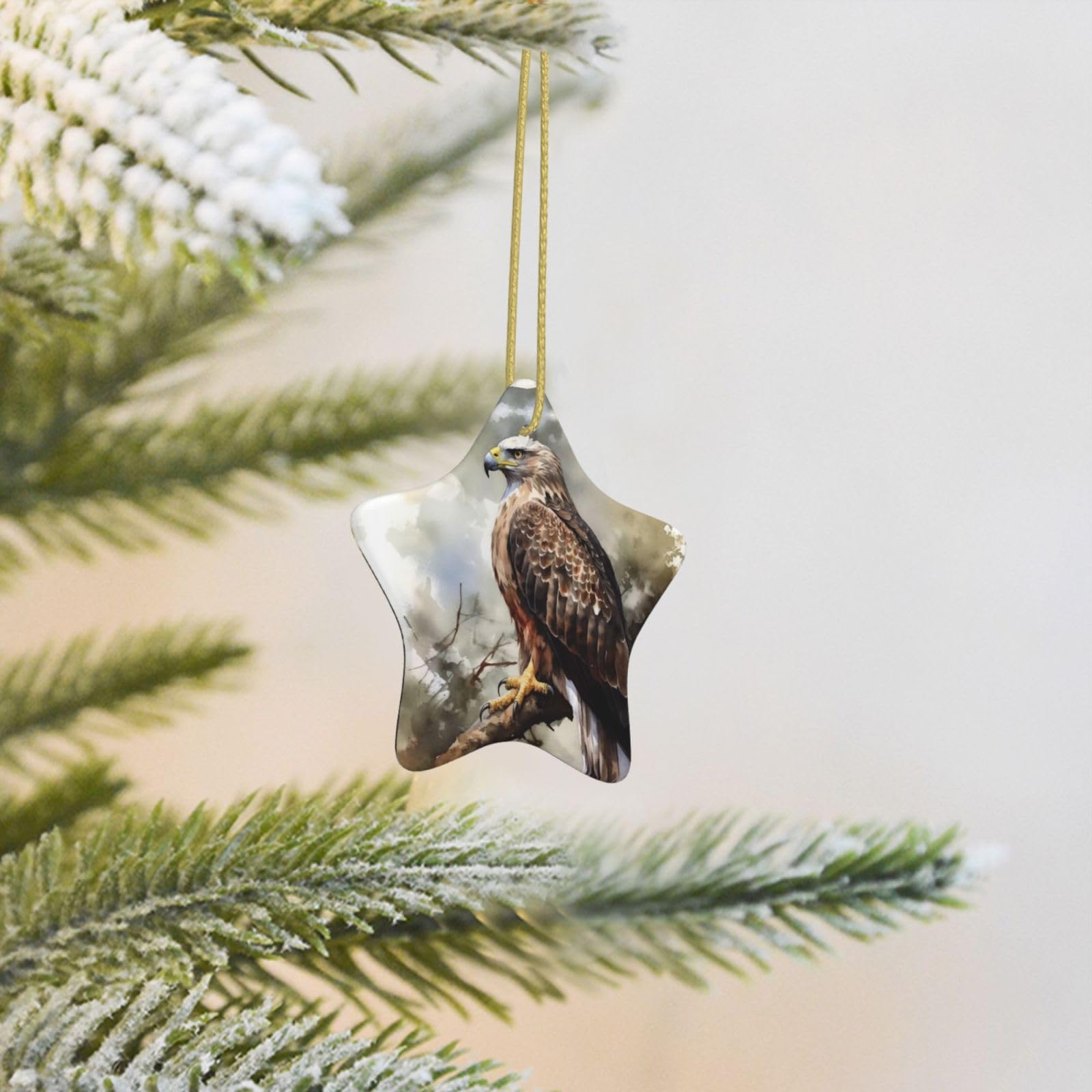 Christmas Tree Decoration Hanging Star Ornament Watercolor of Hawk Sitting in The Tree Ceramic Ornaments Christmas Tree Decorations Star Pendants for Xmas Tree Winter New Year Wedding Party Supplies