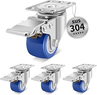 50mm Edelstahl-Schwerlastrollen mit 4 Bremsen, Hochhärtig und Hitzebeständig, Möbelrollen Klein, 360kg Kapazität, 360°-Lenkrollen für Medizinische Geräte, Industrieanlagen, Outdoor-Einsatz
