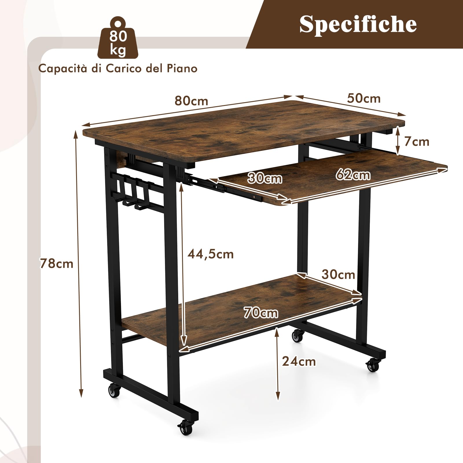 COSTWAY Scrivania con Ruote, Vassoio per Tastiera, Supporto per CPU e Ganci, Scrivania Moderna in Legno e Metallo per Salotto e Camera da Letto, 80 x 50 x 78 cm (Marrone)