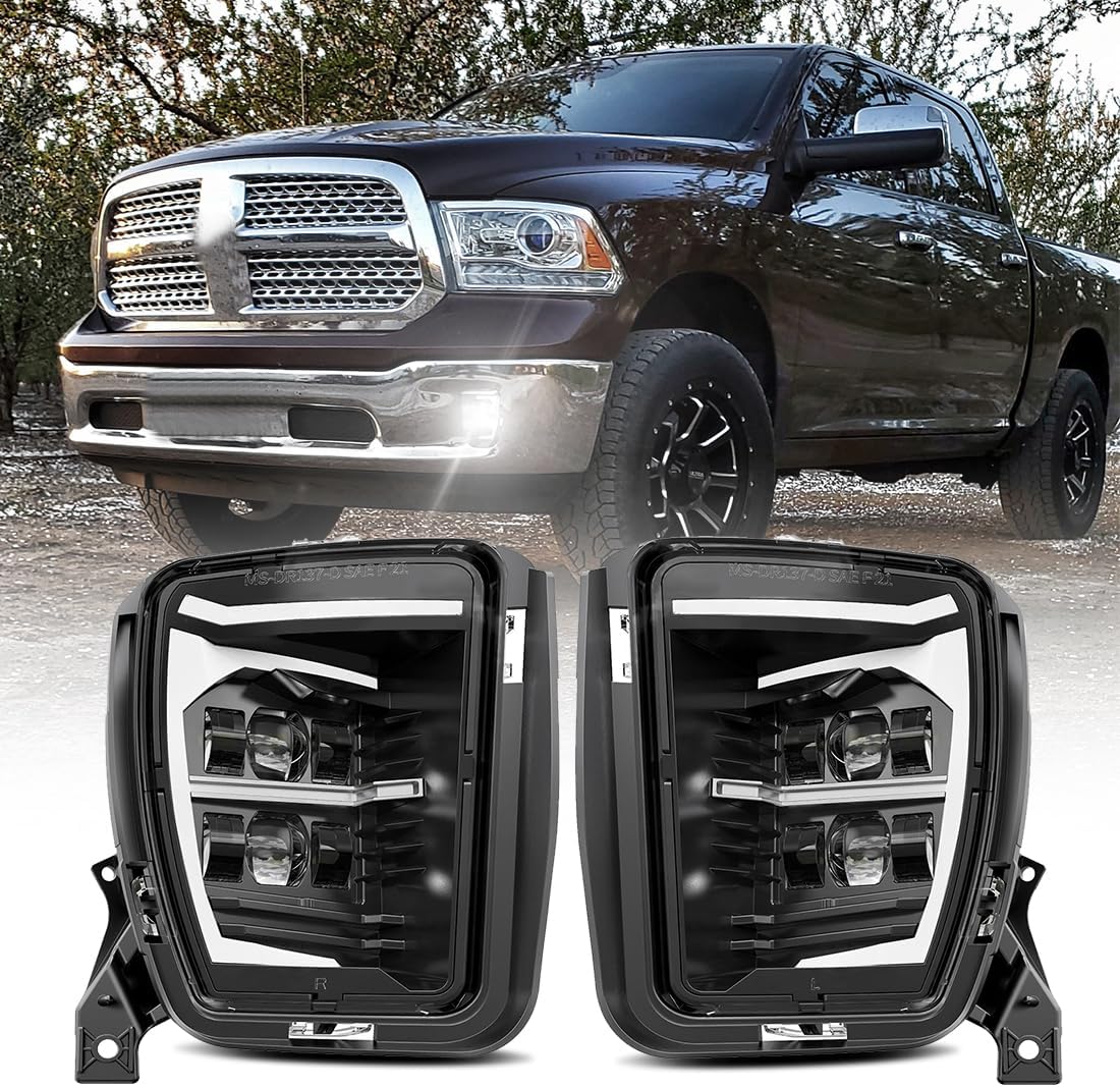 4X4FLSTC LED DRL Fog Lights Assembly Kit Replacement Compatible with Dodge Ram 1500 2013 2014 2015 2016 2017 2018 and 2019 2020 Classic Model Driving Lamps - Black