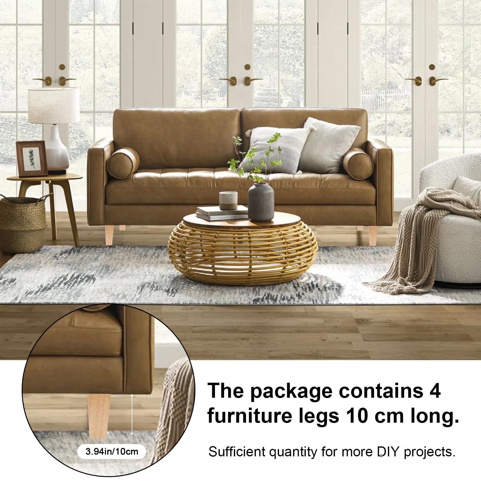 4 Pcs Patas para Muebles de Madera 10 cm Patas de Madera para Muebles Cuadradas Macizas Patás de sofá de Repuesto con placa de montaje,almohadilla antideslizante,tornillo,para mesa,cama,Armario