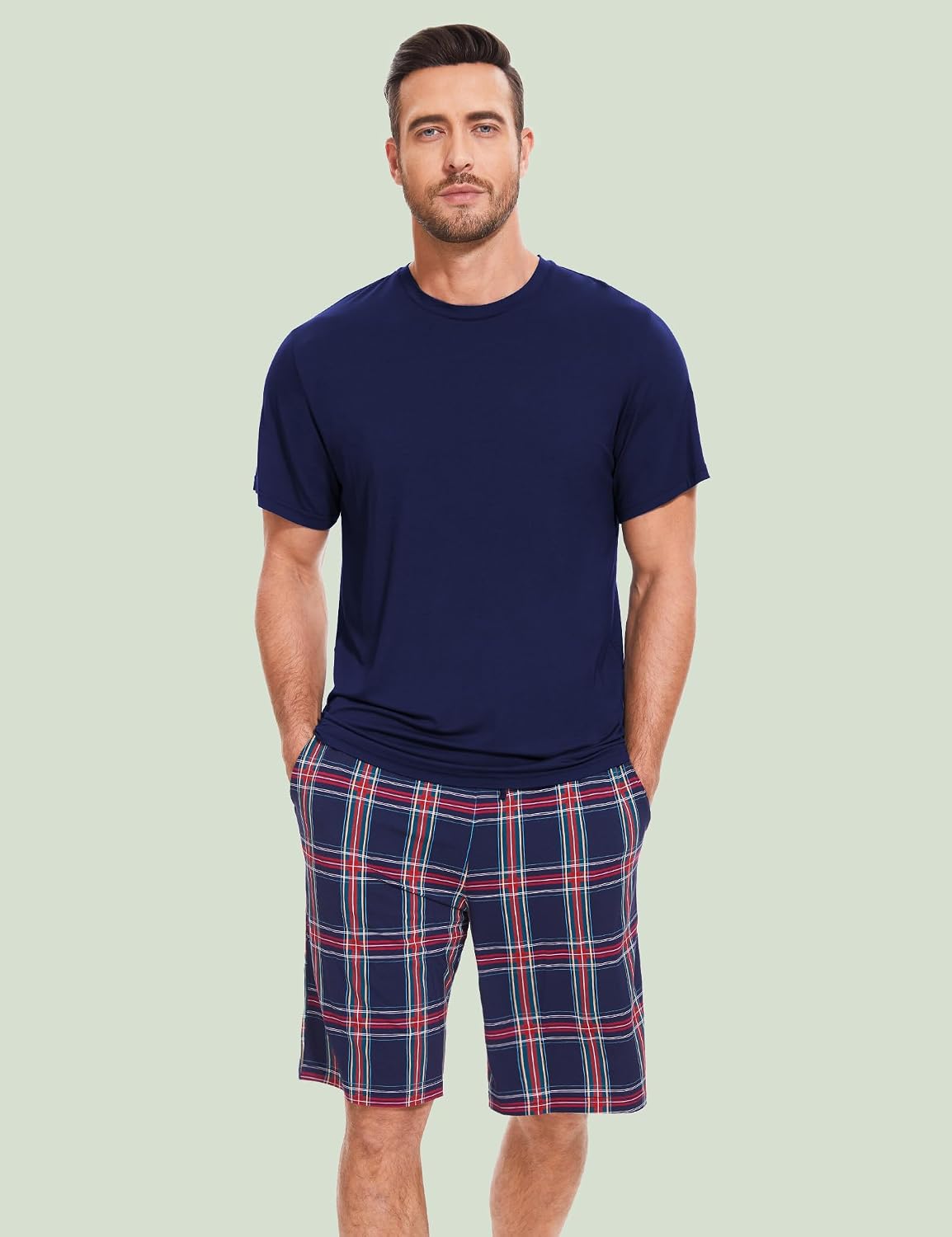 GYS Men's Pajama Sets, Ultra Soft Bamboo Viscose Sleepwear, Short Sleeve Shirts and Shorts Loungewear Pjs Set with Pockets