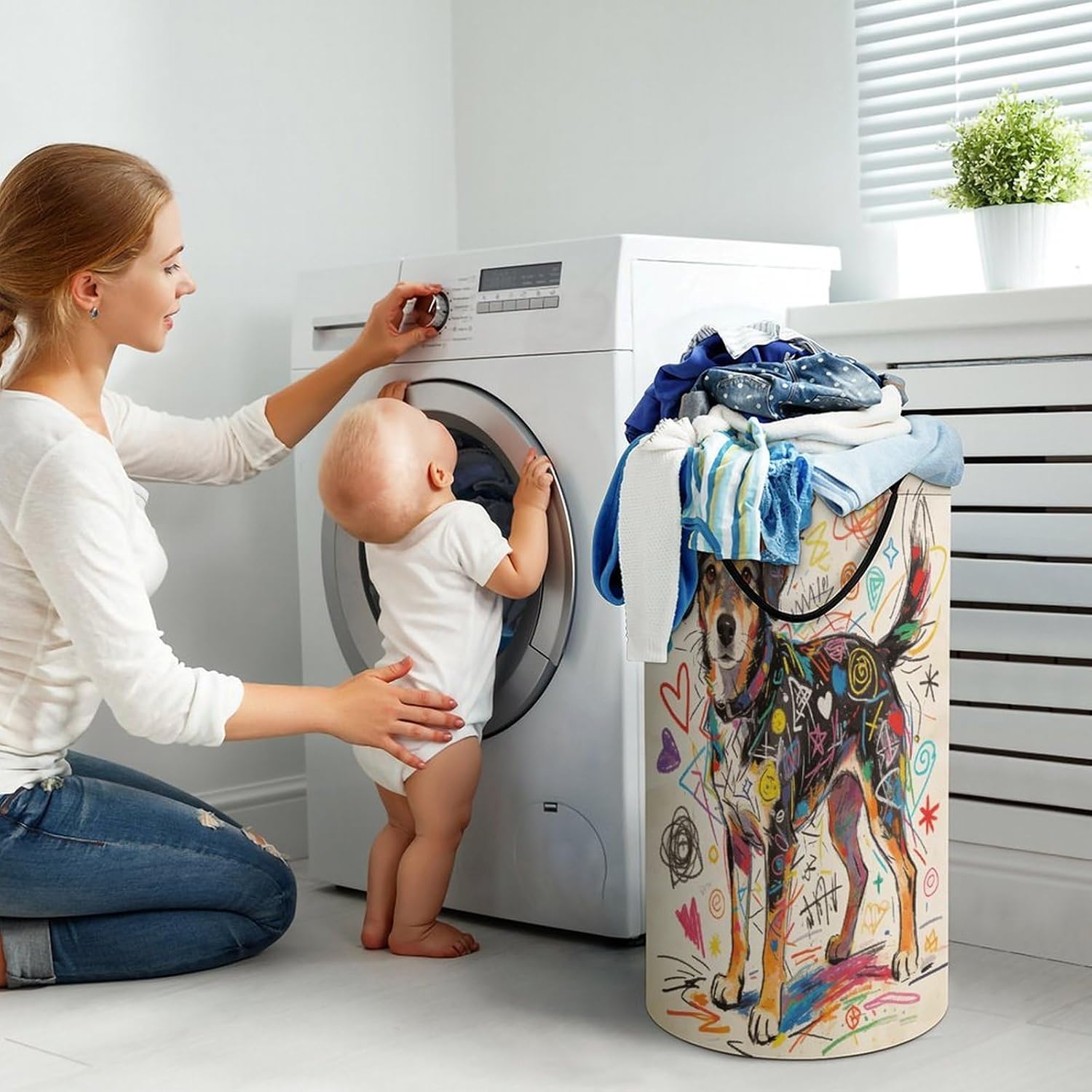 A Dog with Messy Drawings Laundry Hamper 86L Waterproof Collapsible Clothes Basket with Double Handles Freestanding Foldable Laundry Basket Large Clothes Hamper for Bathroom