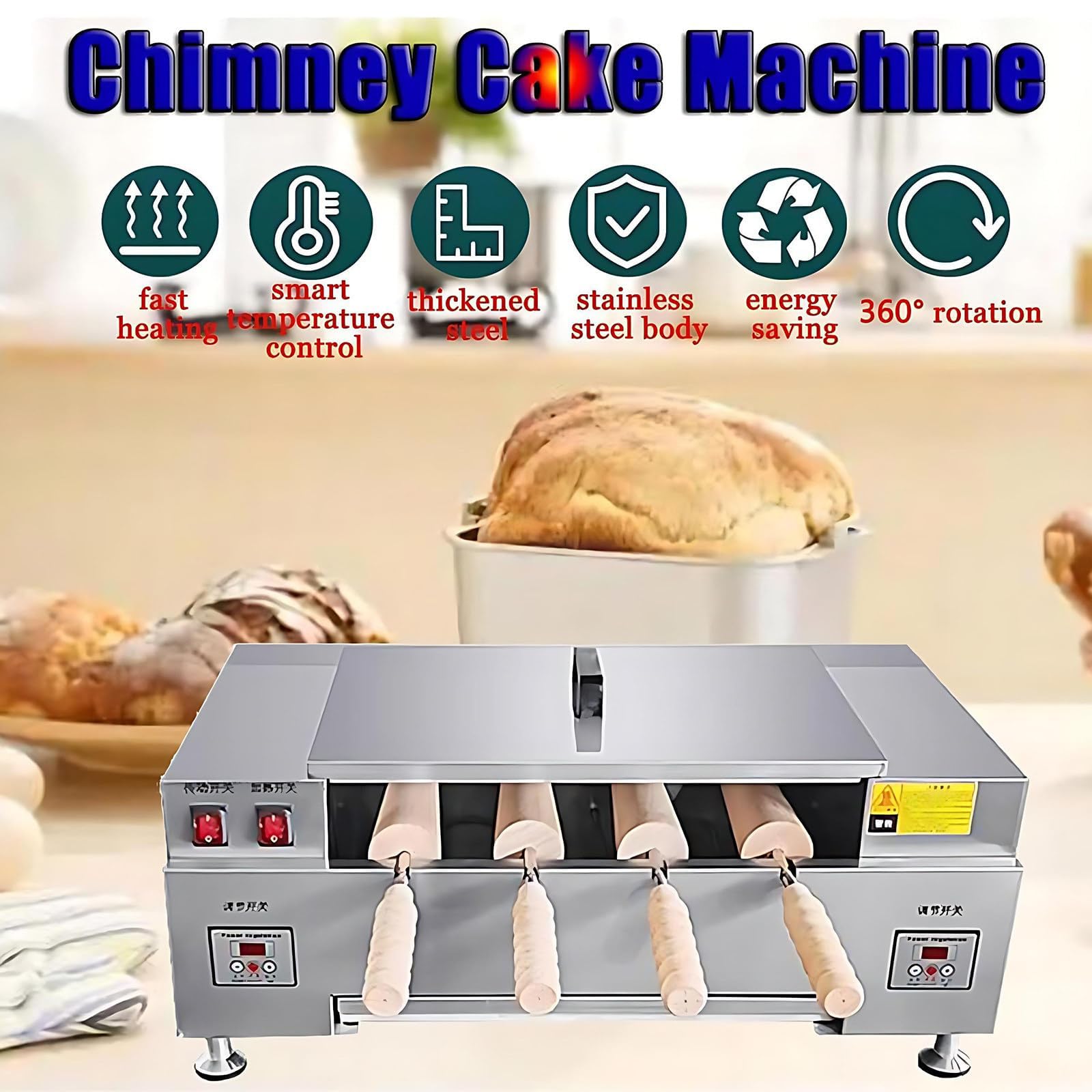 Machine Professionnelle à « Chimney Cakes » (gâteaux Cheminée) – Appareil électrique 3000 W Avec 4 Rouleaux, Réglage De Température 50-300 °c – Idéal Pour Boulangeries, Cafés Et Restaurants Knob