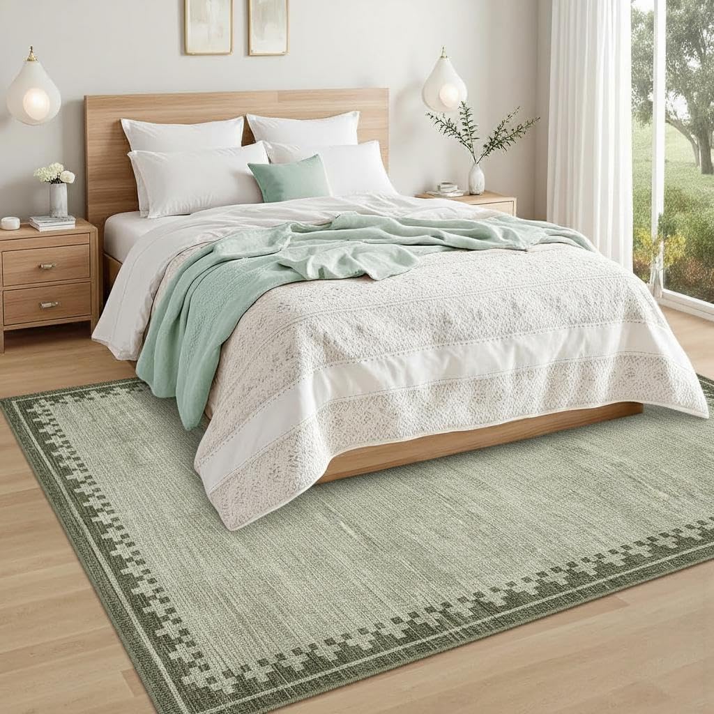 GarveeHome 5x7 Area Rug Washable Living Room Non Slip Modern Border Large Bedroom Throw Carpet Soft Stain Resistant Geometric Dining Room Rug Low Pile Cross Carpets for Nursery Dorm Home Office, Green