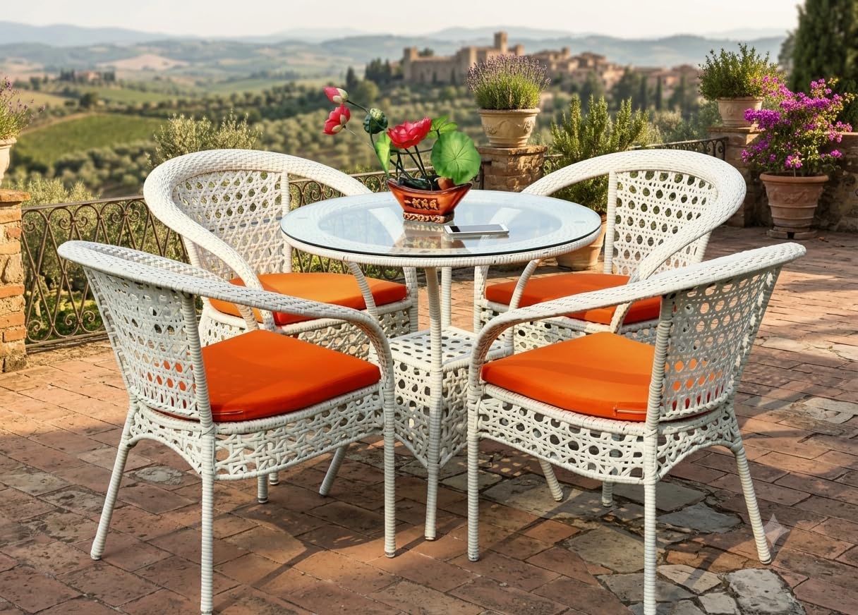 5-Piece Outdoor Rattan Wicker Patio Bistro Set with Glass Top Table | All-Weather Patio Furniture Set for Garden, Balcony, Backyard, Porch & Outdoor Seating (White+Orange) (Off-White+Orange)-image-17