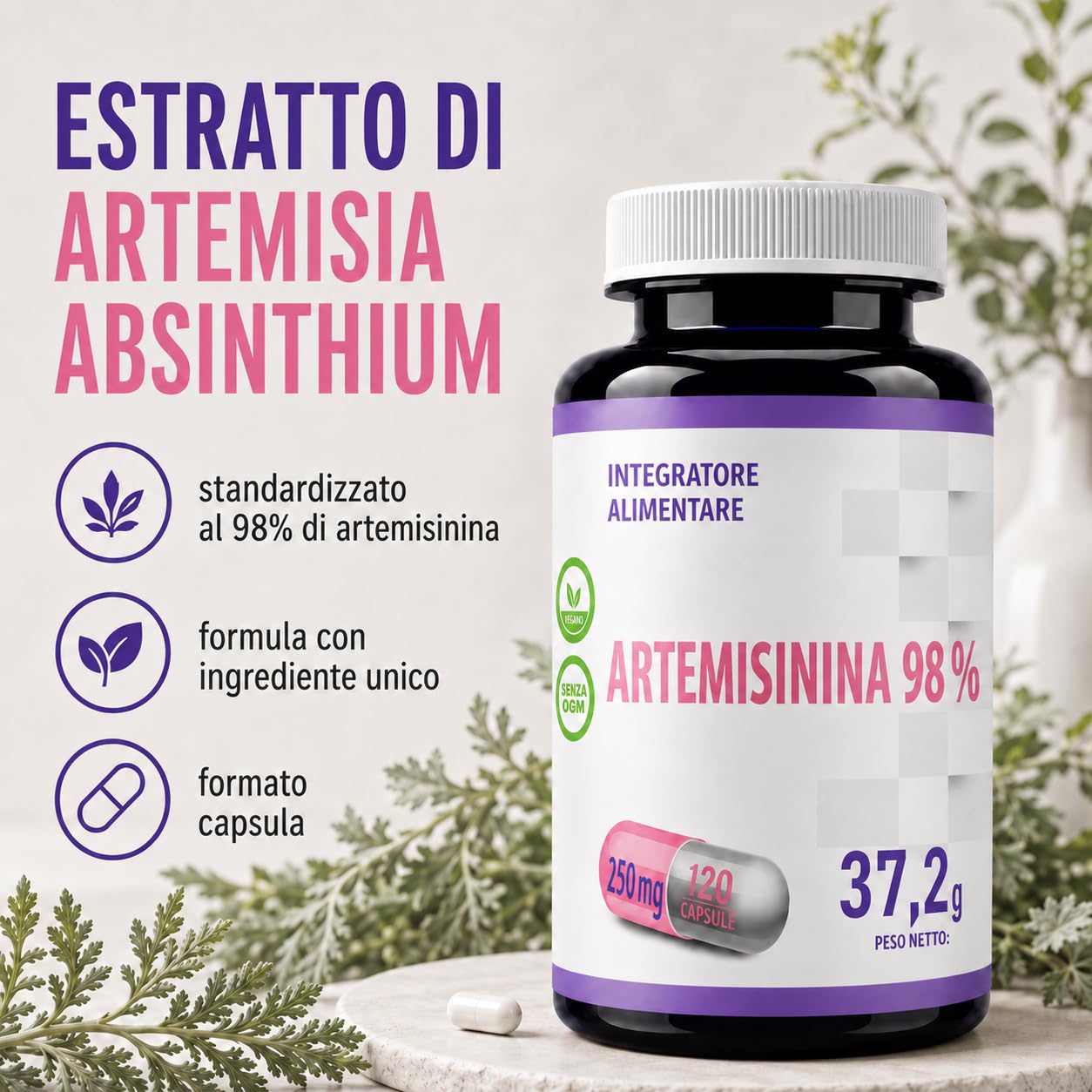 Hepatica Artemisinina | 250 mg | standardizzata al 98% | 120 capsule vegane | scorta per 4 mesi | GMP & Testato da Laboratorio Indipendente