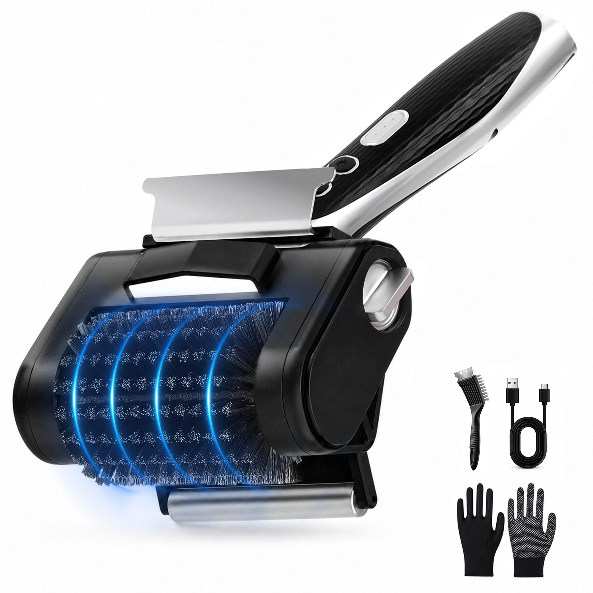 Elektrische Grillbürste Kabelloser mit LED-Licht & Führungsrolle, Schaber | 4000mAh Akku für 180-240 min Laufzeit, 500 RPM Hochleistung, BBQ Reinigungsbürste für Gasgrill Gussrost Elektrogrill