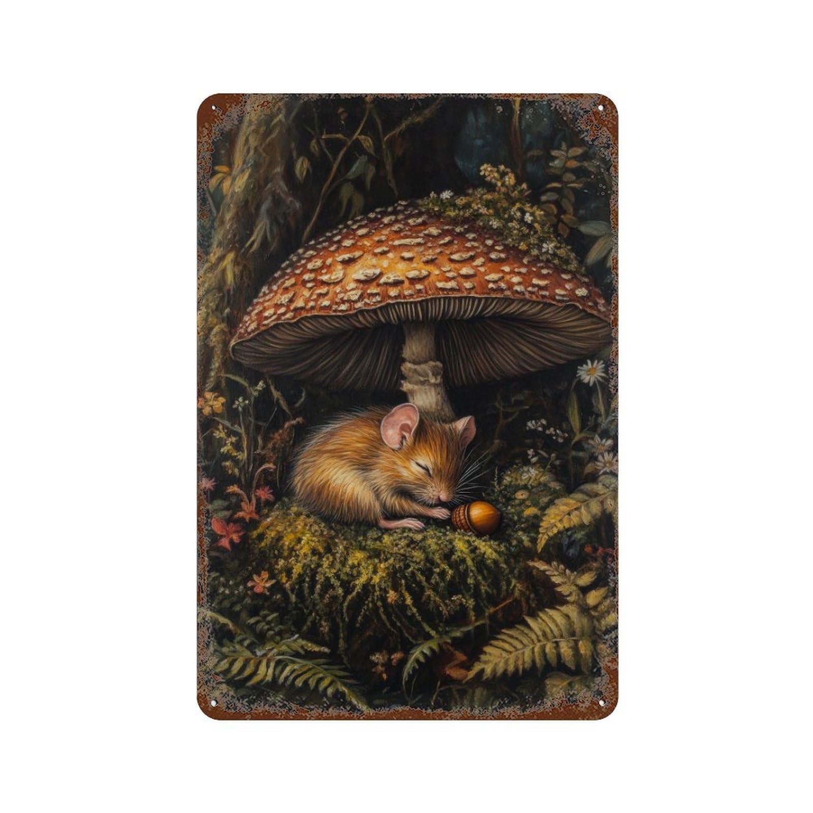 Dormouse And Mushroom Cottagecore Dark Academia Decor Antique Animal Illustration Woodland Rustic= Wall Decor Art Metal Tin Poster Modern Home Decor Art Home Bar Shop Decorations Vintage Sign 30x20cm