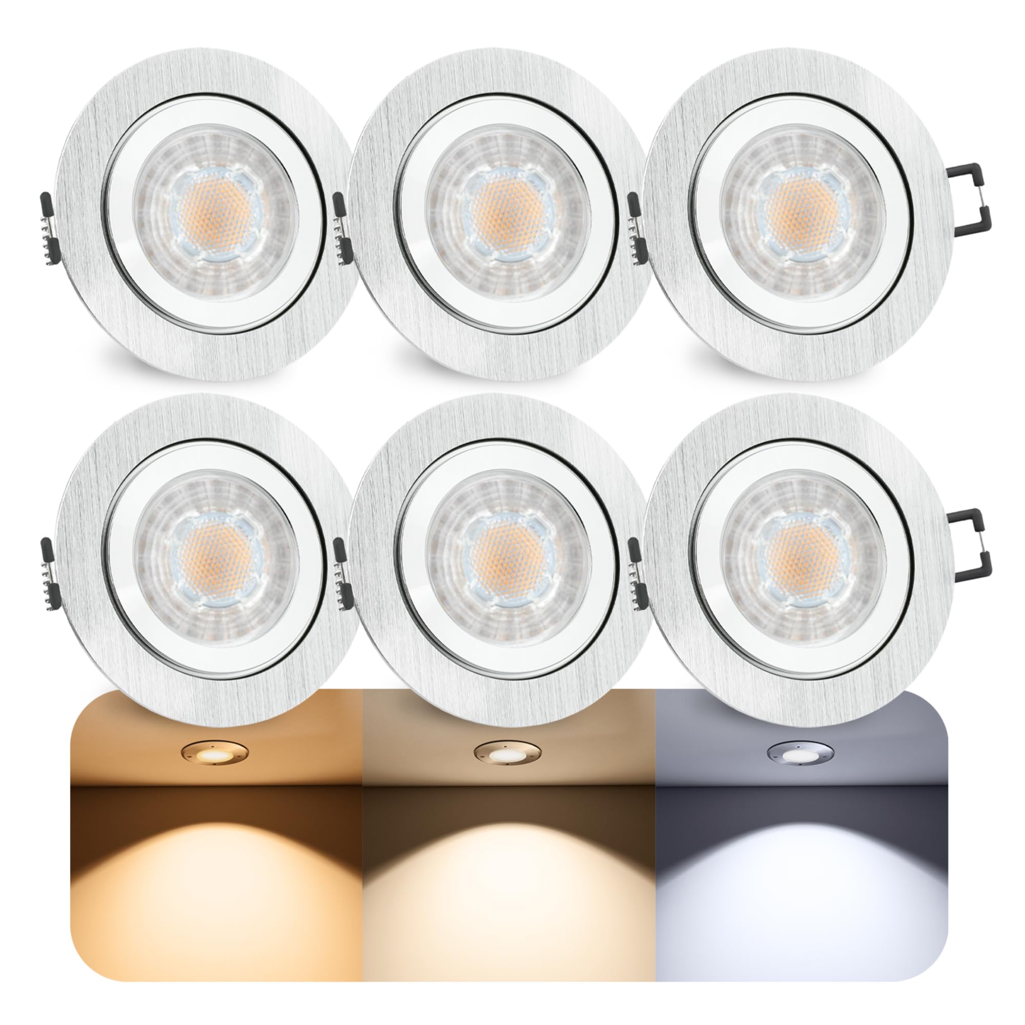 SSC-LUXon 6er Set RW-2 Bad Einbaustrahler GU10 LED dimmbar - mit tauschbarem LED GU10 7W warmweiß - Spot rund gebürstet IP44 Bad & Außen