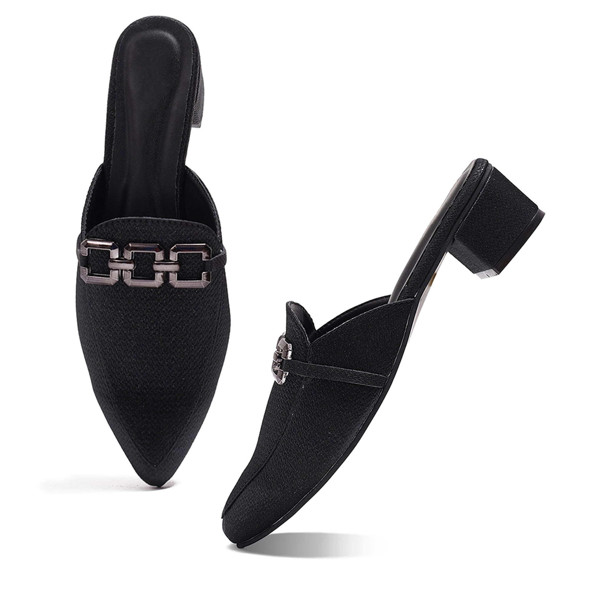Froh Feet Womens Chunky Heel Mules Closed Pointed-Toe with Embllished Gold Chain Detail Heeled Slip on Clogs Casual Backless Loafers Shoes for Office Party & Cassual-image-8