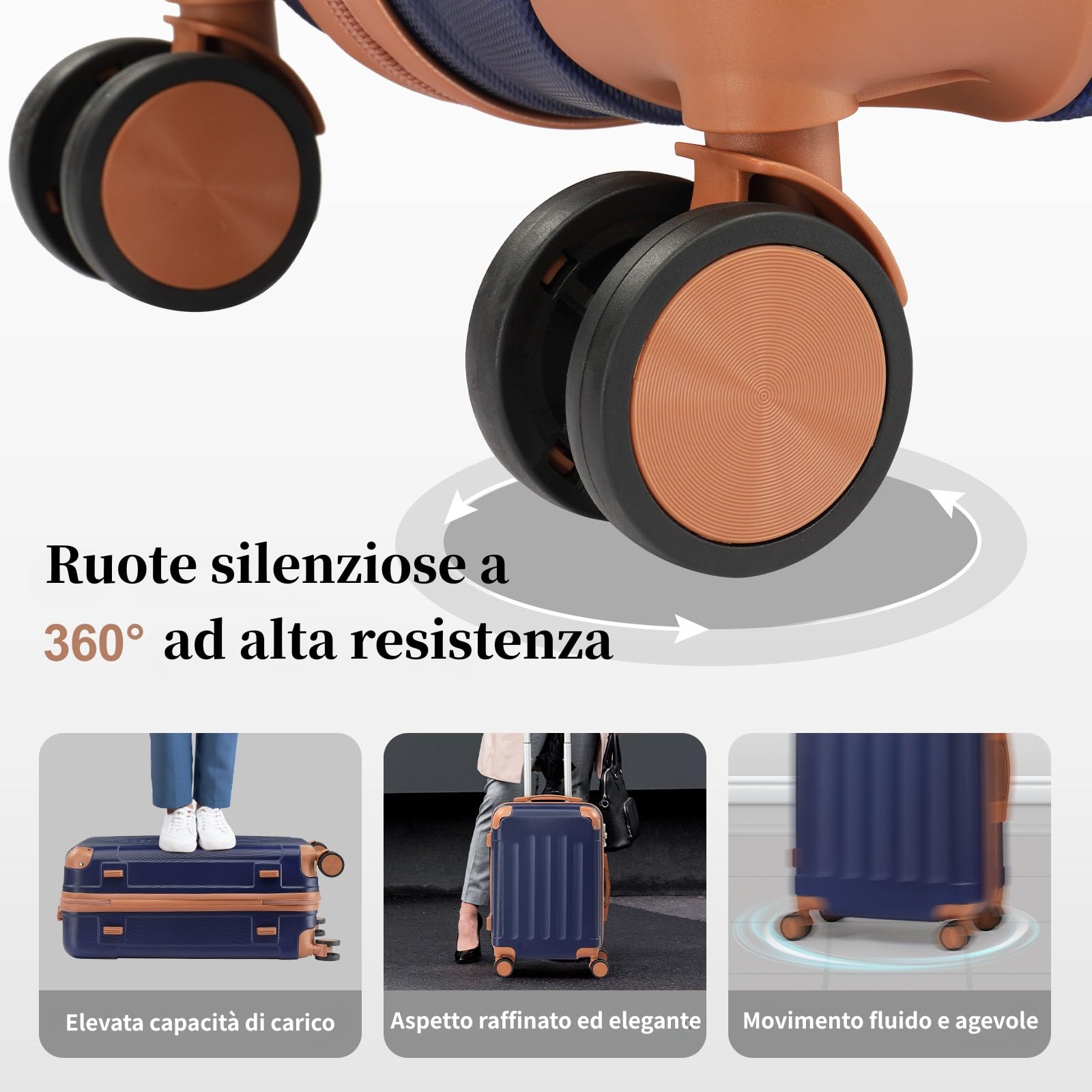 LEADZM Set di Valigie Rigide 4 Pezzi con Beauty Case (Blu Navy-Marrone) | Set Valigie con Rinforzi Angolari, Luggage Suitcase Grande 23 kg in ABS