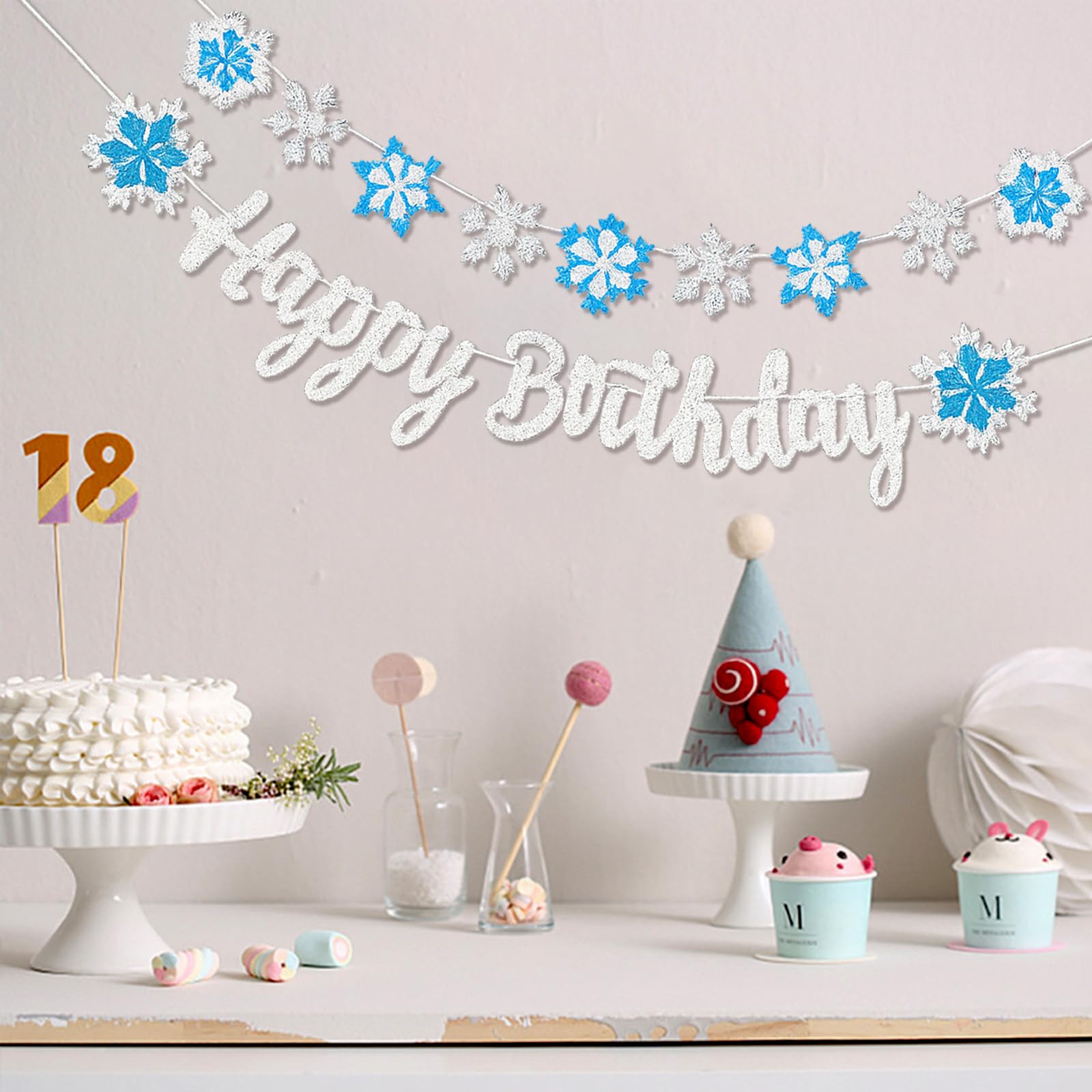 2PCS Banner Copos Nieve de Feliz Cumpleaños, Glitter Snowflake Decorations, Guirnalda Decoración de Copos de Nieve, Azul y Blanco Decoración Fiestas Cumpleaños Infantiles Fiesta Chicas