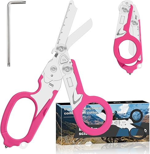 Vista 13 de 6 en 1 Tijeras de trauma plegables retráctiles, Tijeras de emergencia para camping al aire libre, Cortador de cinturón de seguridad, Llave