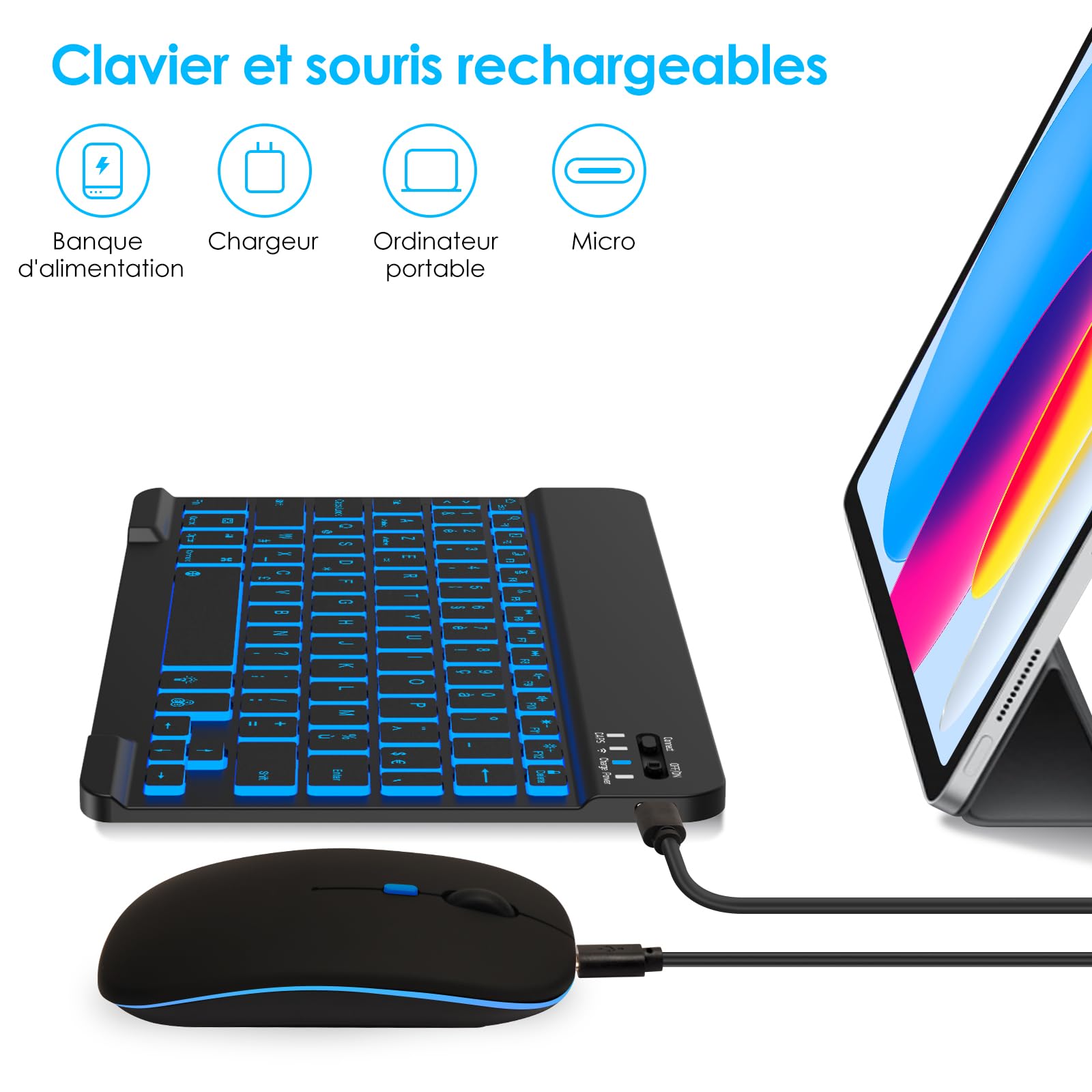 LAMA Clavier et Souris sans Fil rétroéclairés 7 Couleurs, Clavier Universel Ultra Fin Rechargeable, Clavier Bluetooth Portable pour iPad/Tablette/iOS/Android/Windows/téléphone, Rétroéclairage Noir