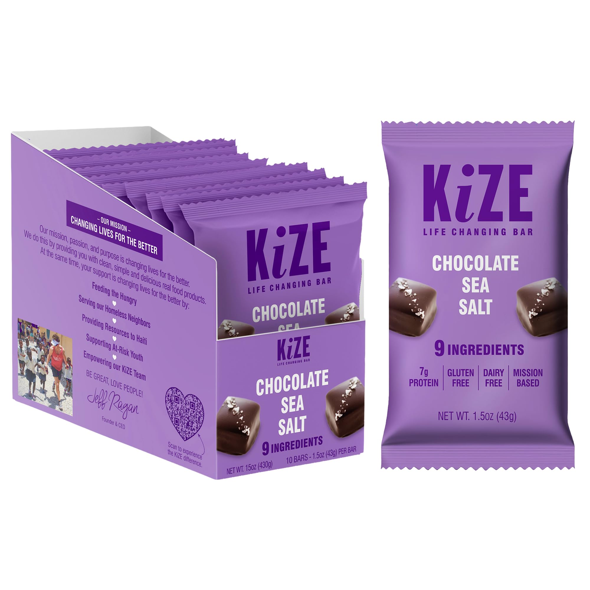 KiZE Energy Bars - Chocolate Sea Salt - Gluten Free, Dairy Free, Non-GMO, and High Protein Meal Replacement Energy Bars, Meal Bas, Clean & Simple Food Ingredients - 7g High Protein Snacks, (10 Count)