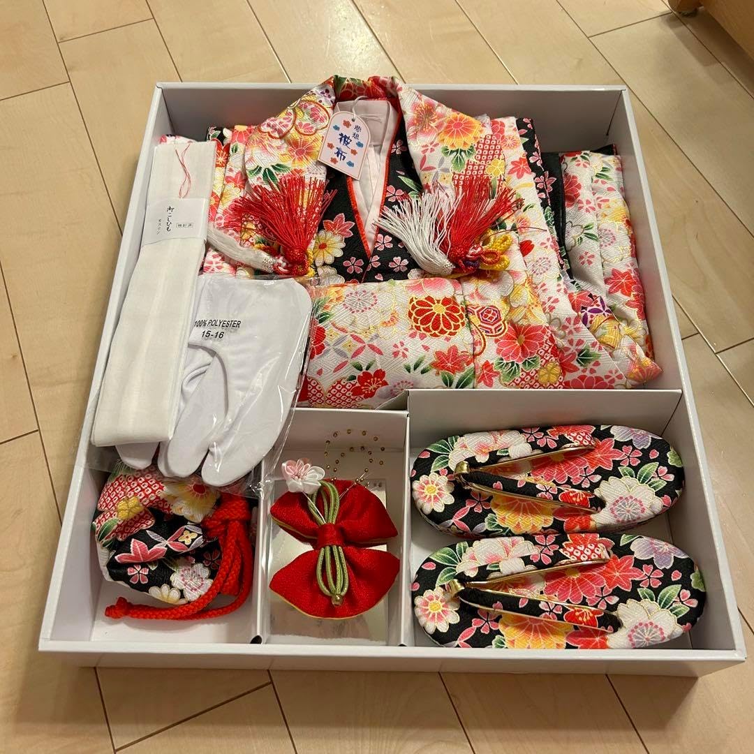 女の子 七五三 3歳 被布 着物セット 黒 ブラック ねじりうめ 七五三 3