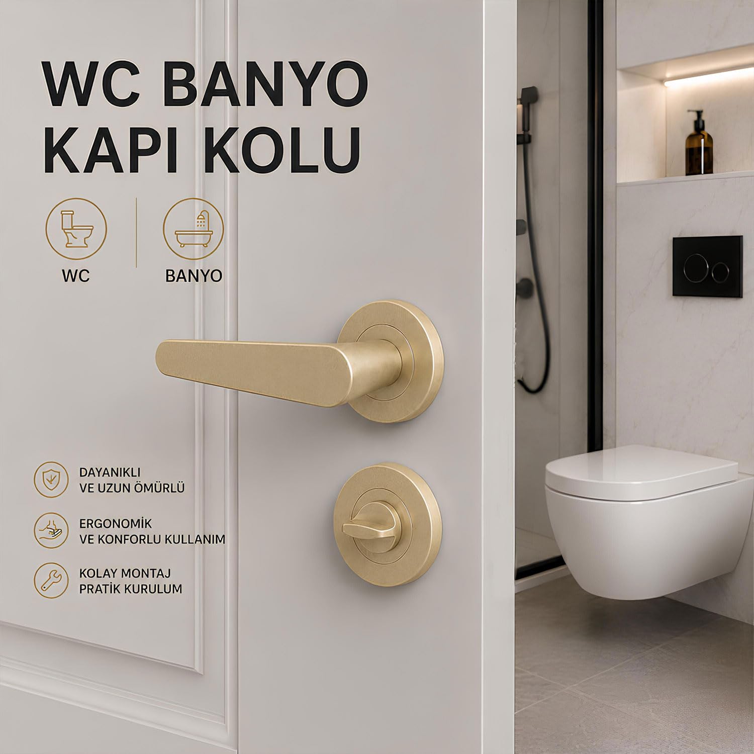 Özen KAYI Titanyum Renk WC Kapı Kolu Yuvarlak Rozetli Banyo Tuvalet Uyumlu Modern Kapı Kolu Takımı