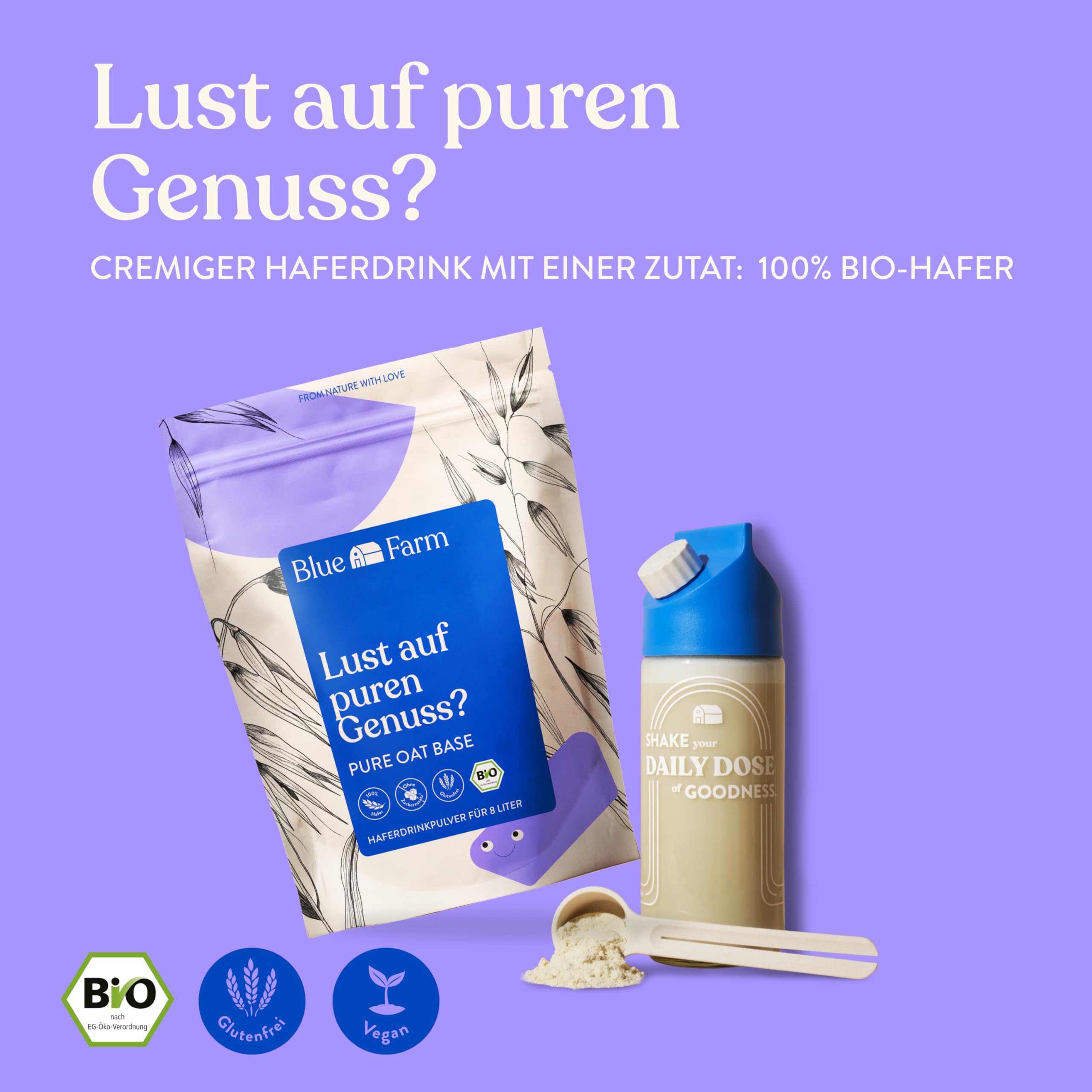 Blue Farm Starter Kit Deluxe bestehend aus Mixflasche, Dosierlöffel und 8 Liter Haferdrink zum Selbstmischen – 100% vegan, laktosefrei & glutenfrei – 90% weniger Verpackungsmüll