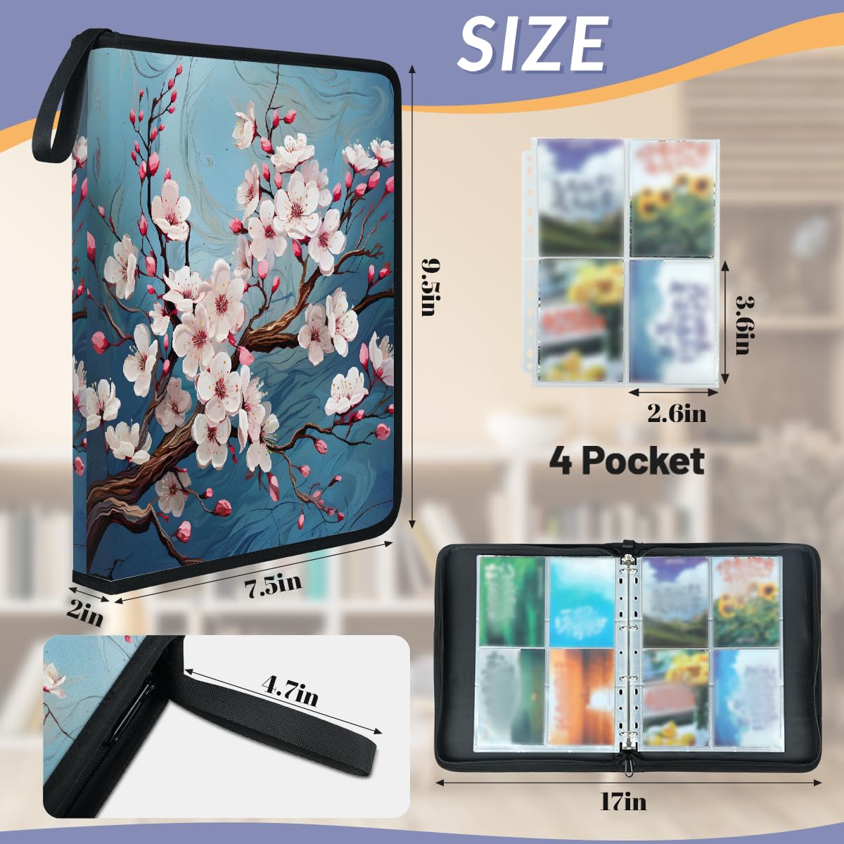 Raccoglitore per carte collezionabili con 4 tasche, fiori di ciliegio, con maniche rimovibili, impermeabile, con cerniera, 50 pagine, capacità 400 carte