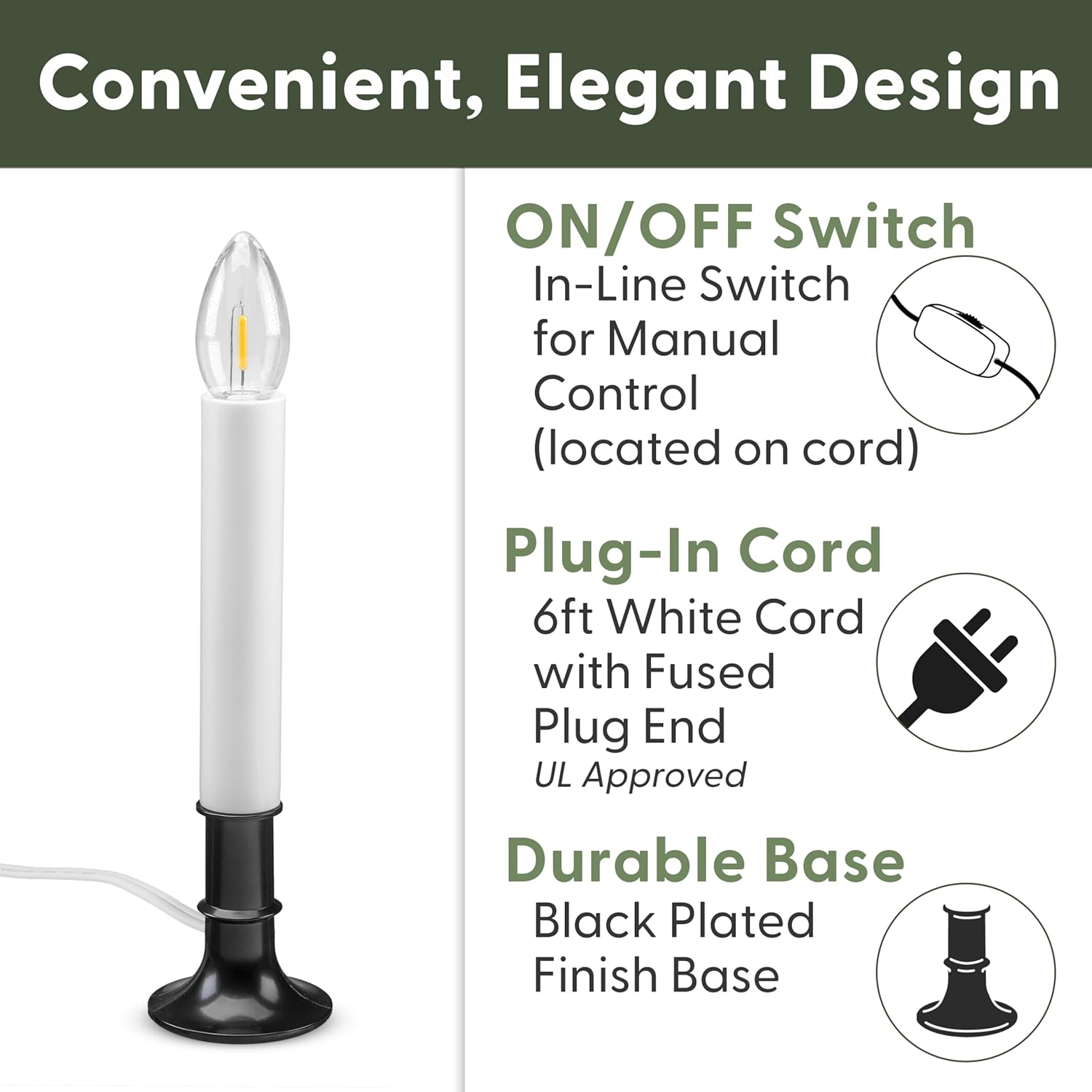 612 Vermont Electric LED Window Candles with Shatterproof Warm White Bulbs, On/Off Switch, VT-1160B-4 (Brass, Pack of 4)