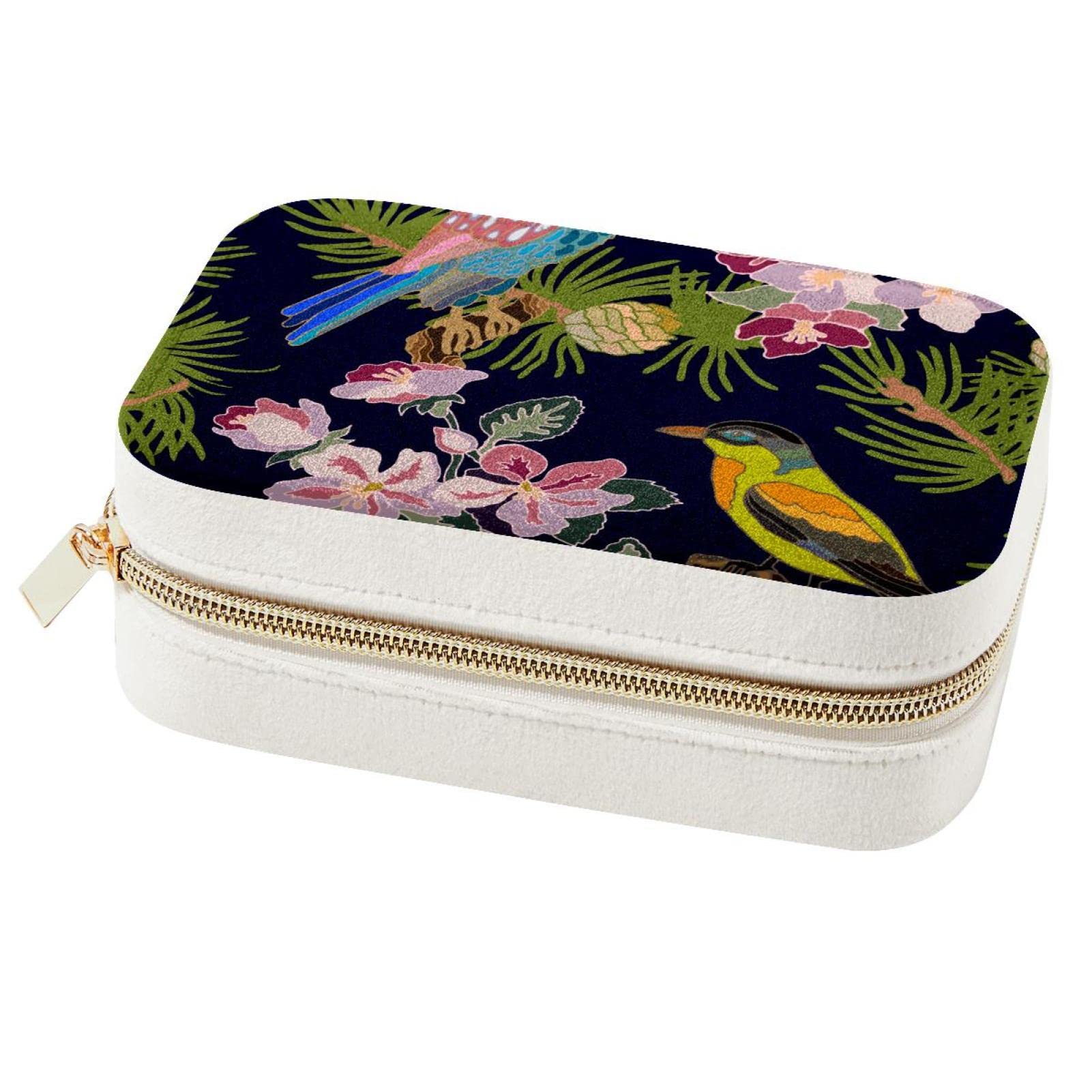 Boîte à bijoux de voyage portable pour femmes motif oiseau et fleurs