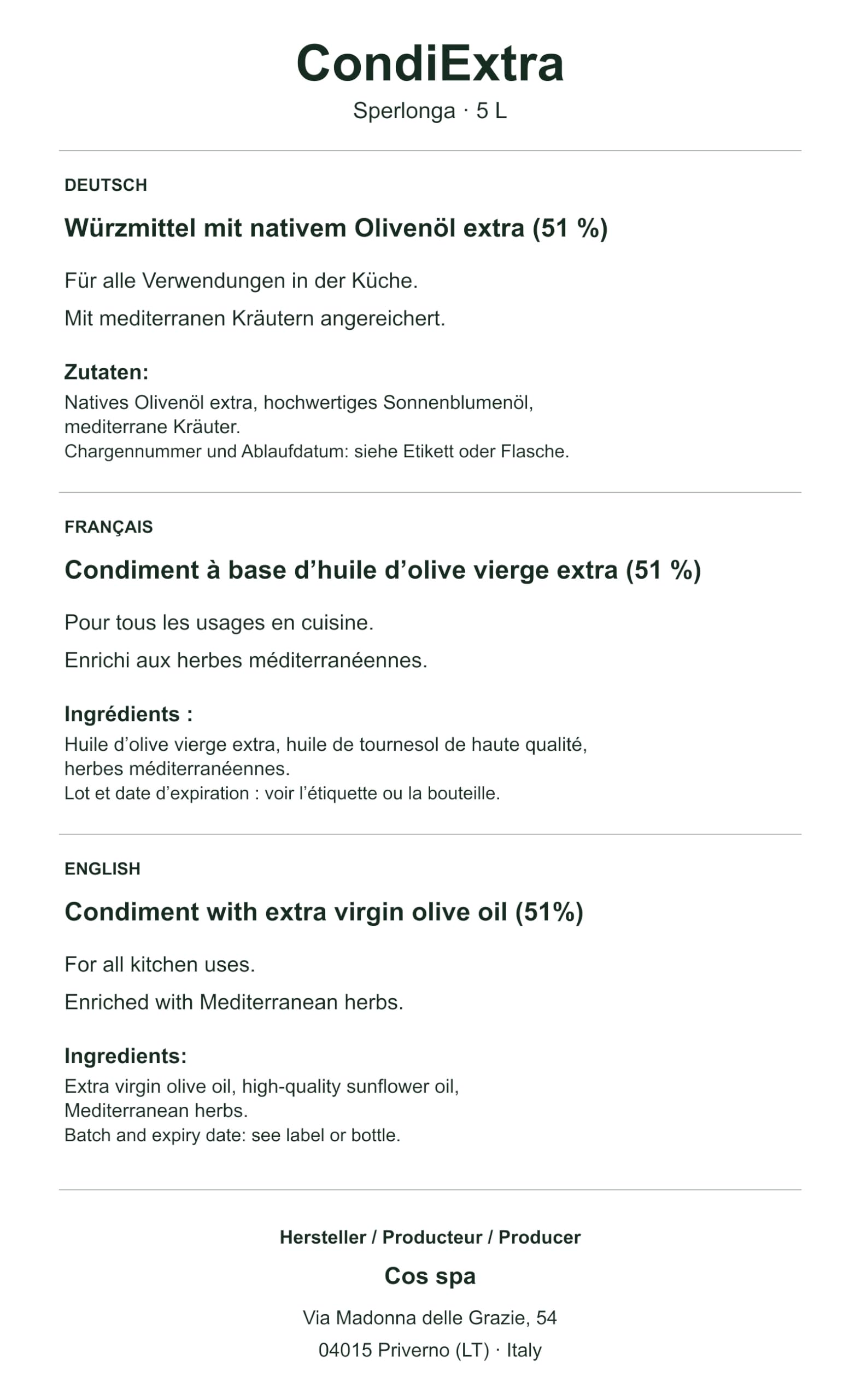 Sperlonga CondiExtra – Assaisonnement avec 51% d’huile d’olive vierge extra, enrichi aux herbes méditerranéennes – 5 L
