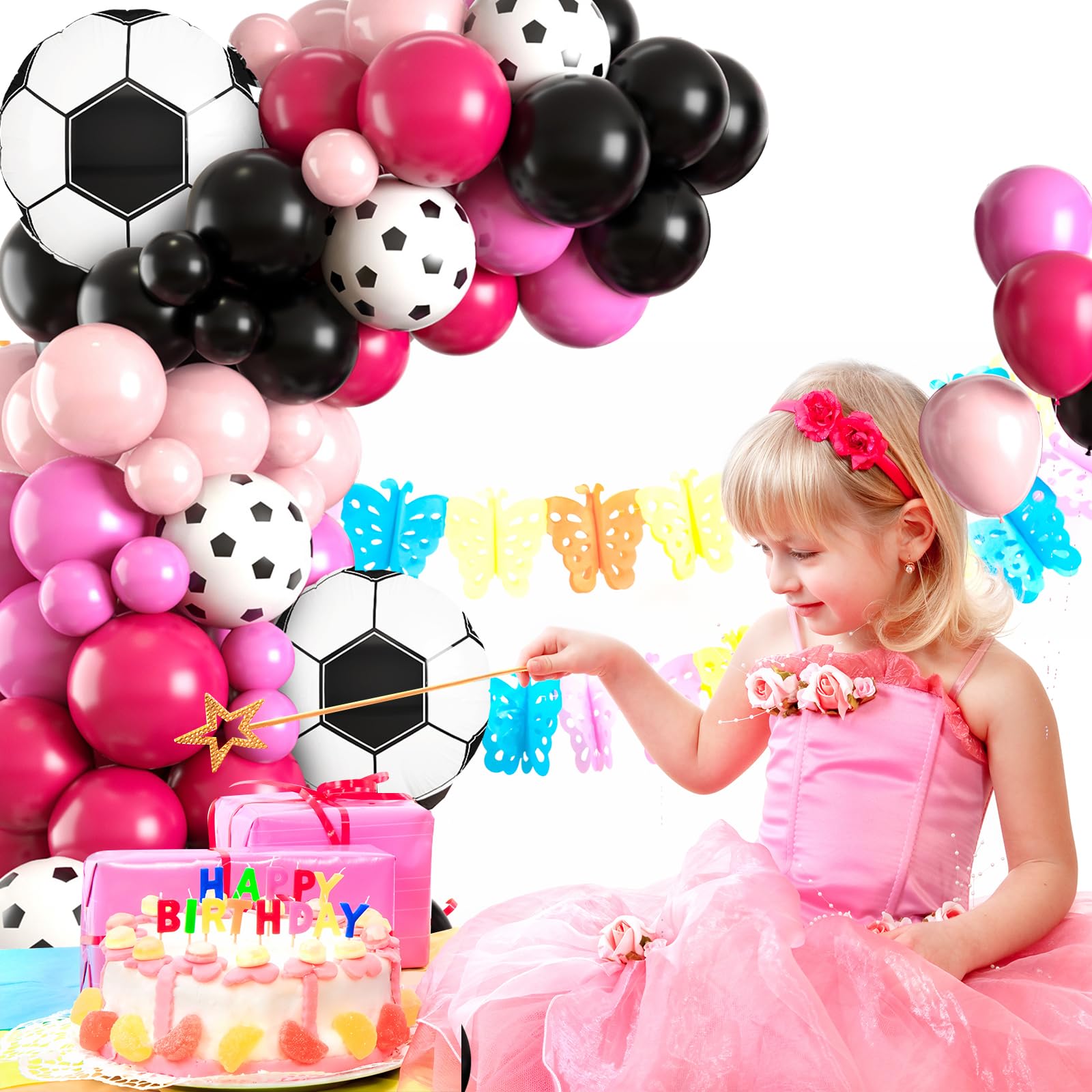 Fussball Luftballon Girlande, Schwarz Rosa Hot Pinke Ballon mit 4D Fußball Folienballons,Fussball Deko Geburtstag Mädchen, Rosa Luftballon Girlande for Fussball Geburtstag Party Dekoration