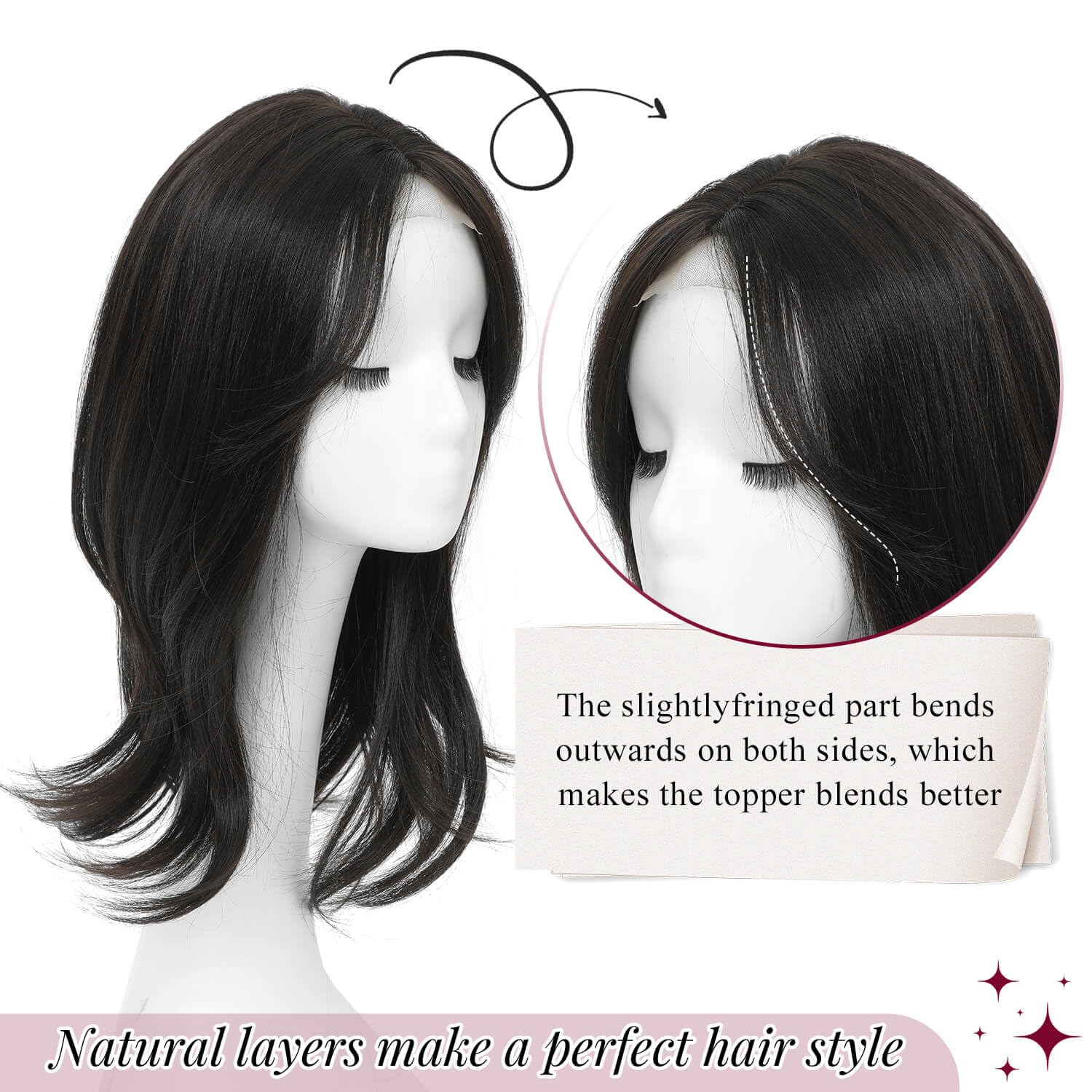 Ms Taj Postiche pour femme - 45 cm - Pour cheveux fins - Naturellement stratifiée - Pour plus de volume de cheveux - Postiche Haa synthétique avec frange - Marron foncé