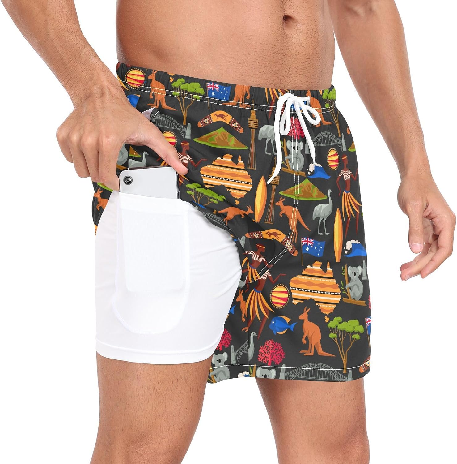 Crane and Pine Tree Men's Swim Trunks with Liner Summer Quick Dry Beach Shorts Swimwear Bathing Suit S-XXL