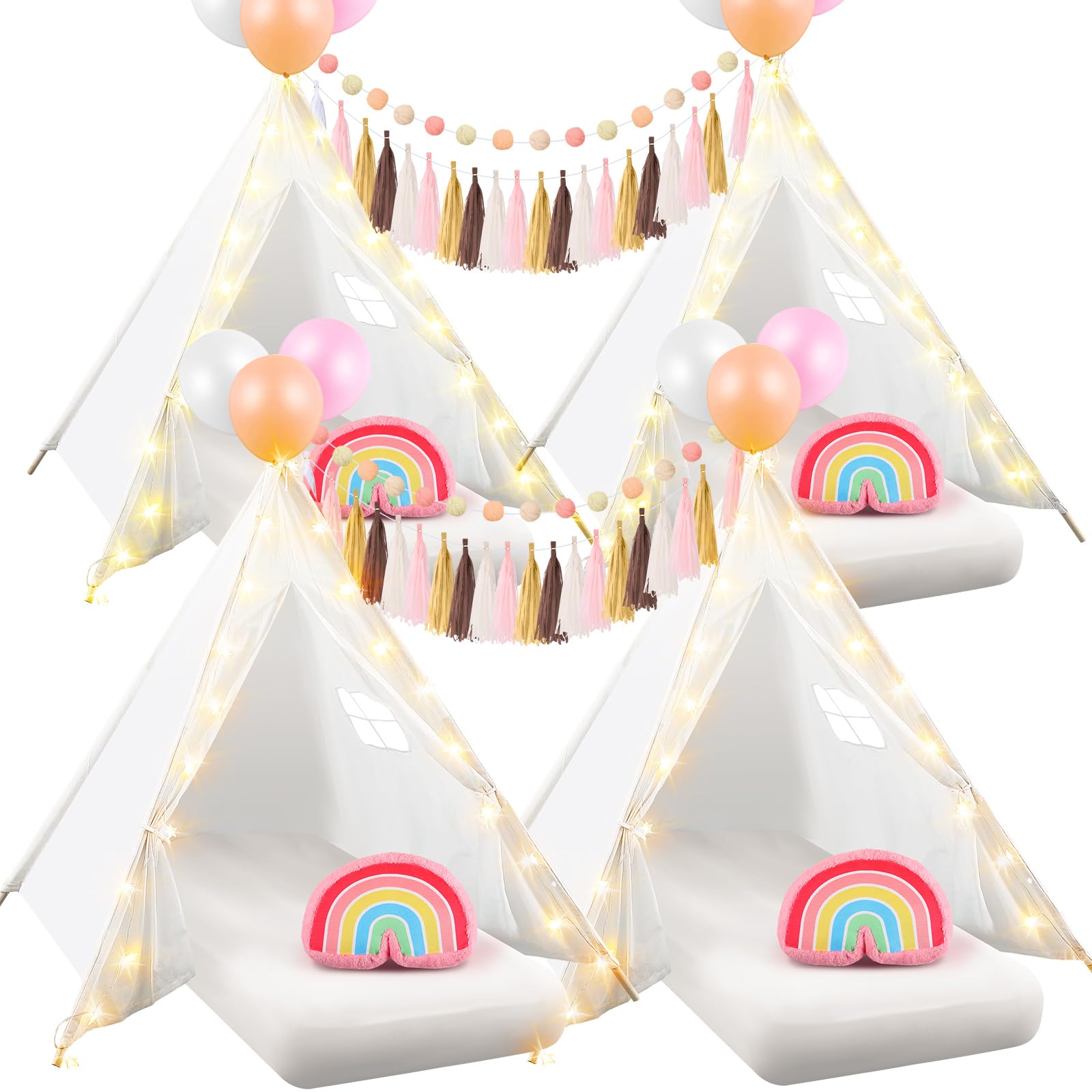 Happy Nappers PLULON 6 Pack Teepee Tent For Kids Sleepover Tents Bulk For Girls Slumber Party With Inflatable Airbed And Decorations Play Teepee Christmas Birthday Gift (White Inflatable Tent