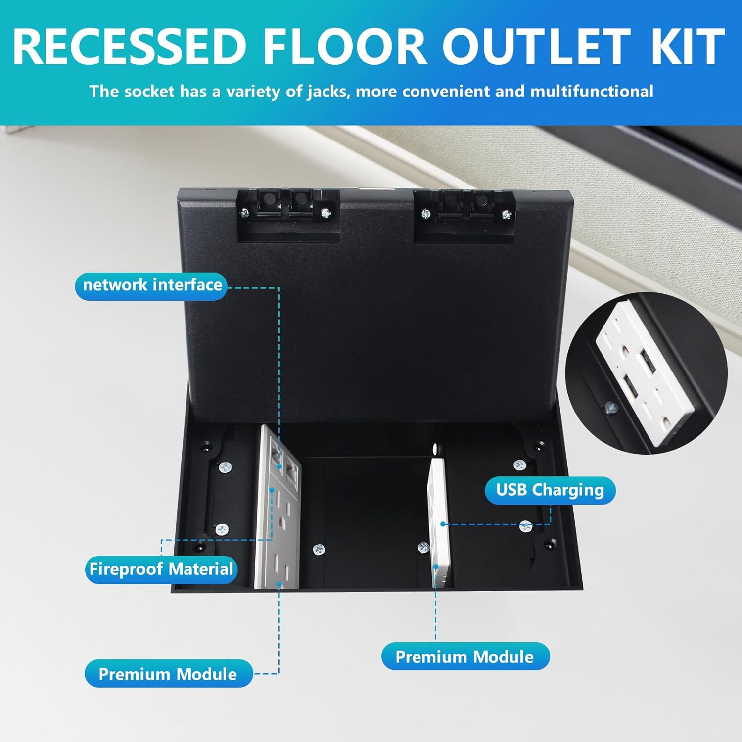 KYHSHJ Recessed Flat Hidden Socket Kit with 4 * 15A Receptacle+2 * 4.8A USB Charging Ports+2-Port RJ45 Datacom Receptacle. Corrosive Resistant Hardware,Black