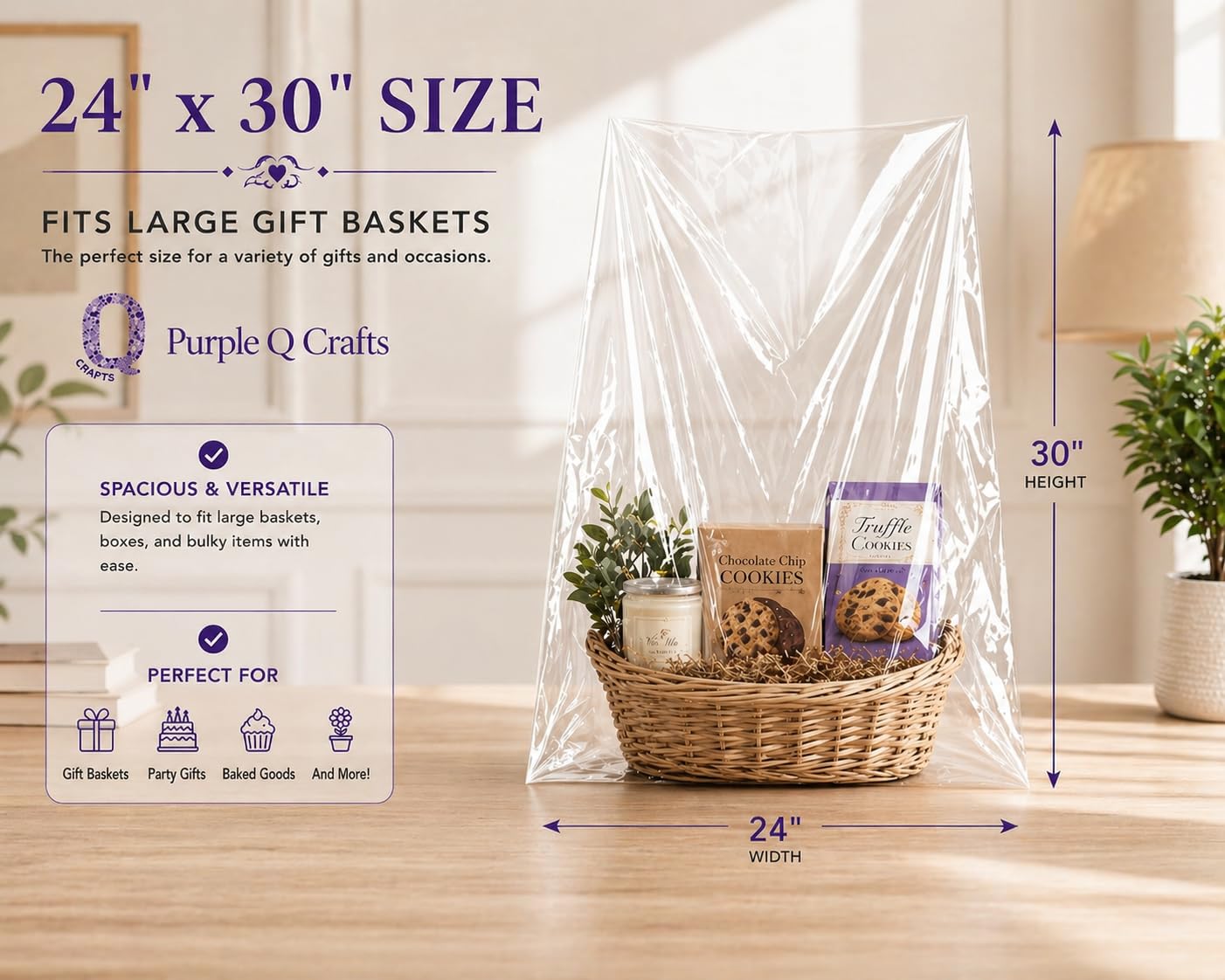 Purple Q Crafts Clear Basket Bags, 20 Pack Large Clear Cellophane Wrap for Baskets & Gifts 24"x30" 1.5 Mil Thick (20)