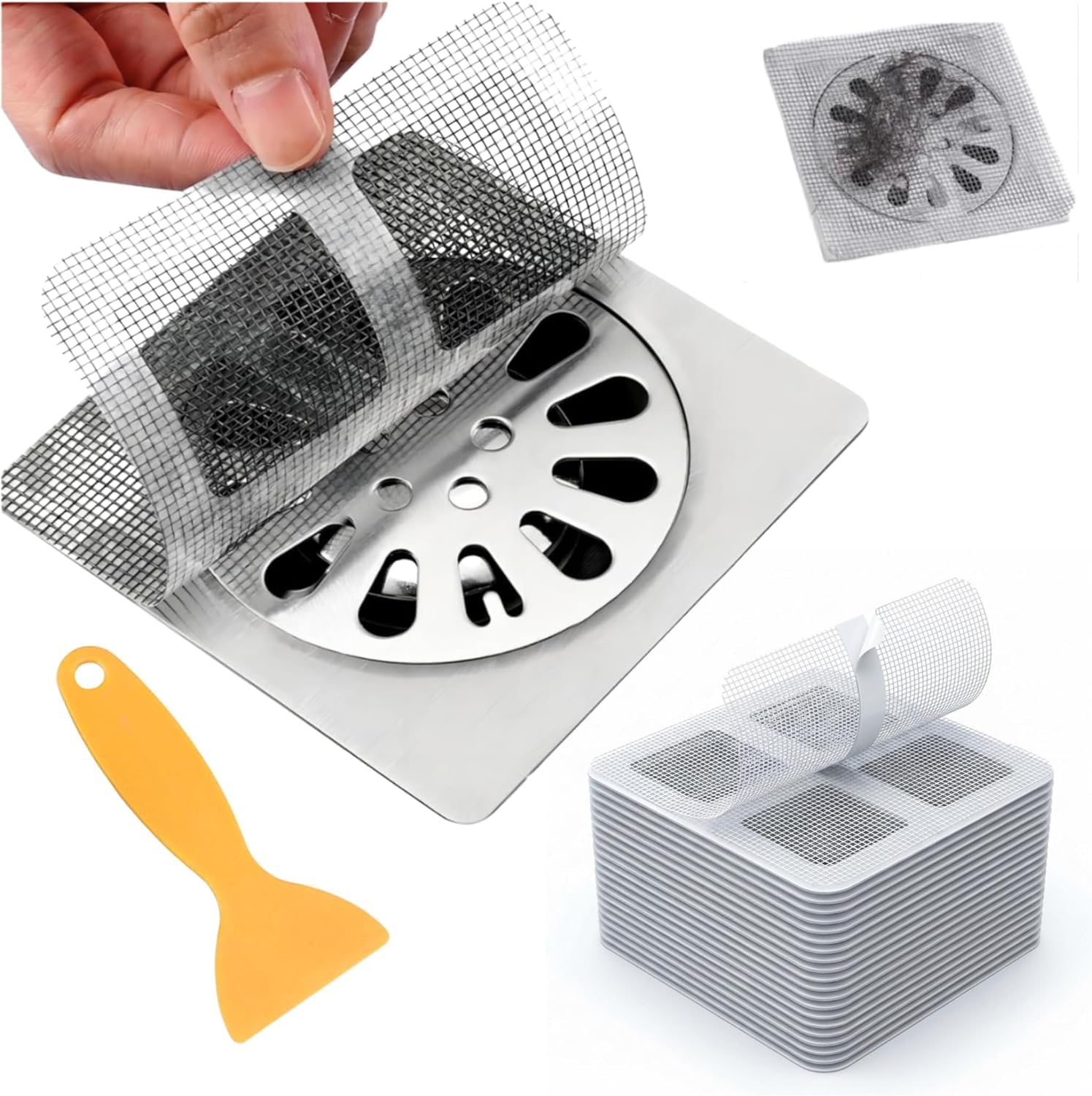 (25 Pack) Disposable Drain Cover & Drain Snake Stickers - 10 cm Square Shower Drain Cover & Hair Catcher for Shower Drain - Perfect for Bath & Kitchen - Mesh Stops Human & Pet Hair