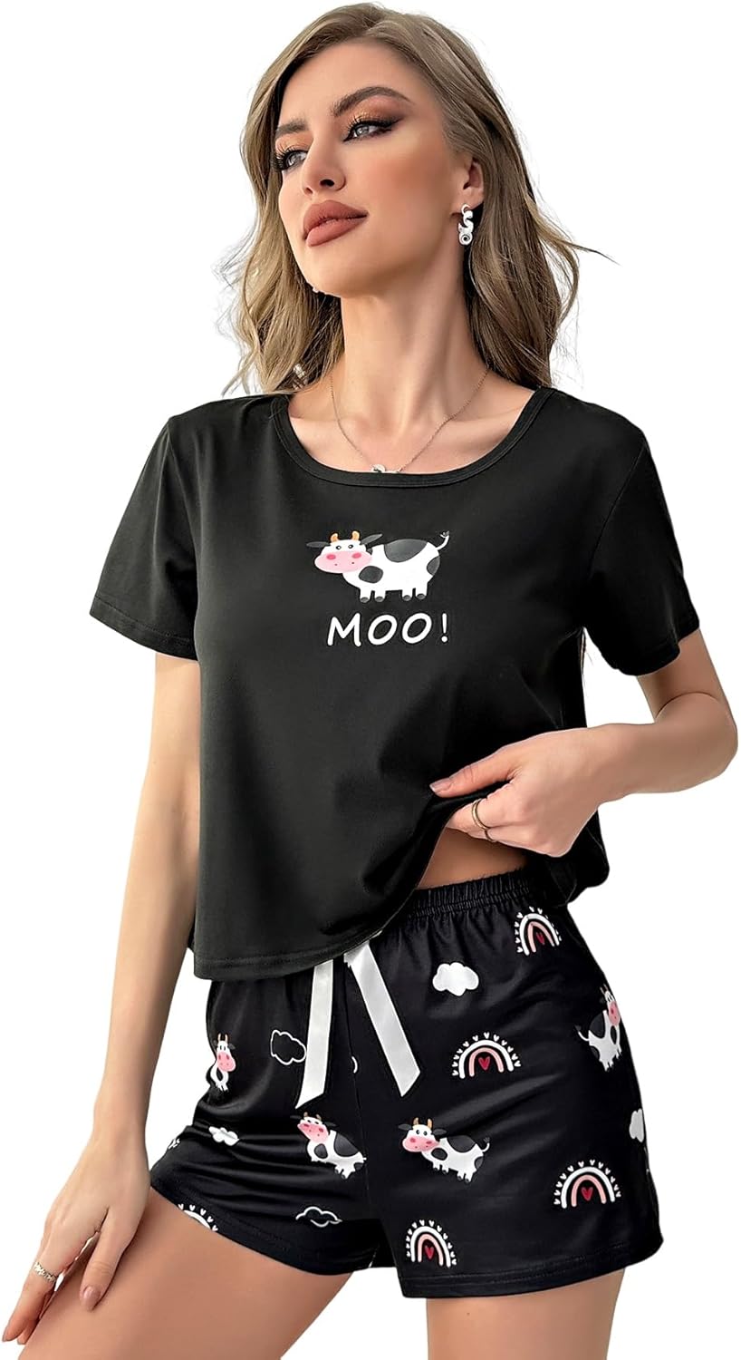WDIRARA Women's 2 Piece Sleepwear Pajama Set Cartoon Print Tee Top and Shorts Loungewear